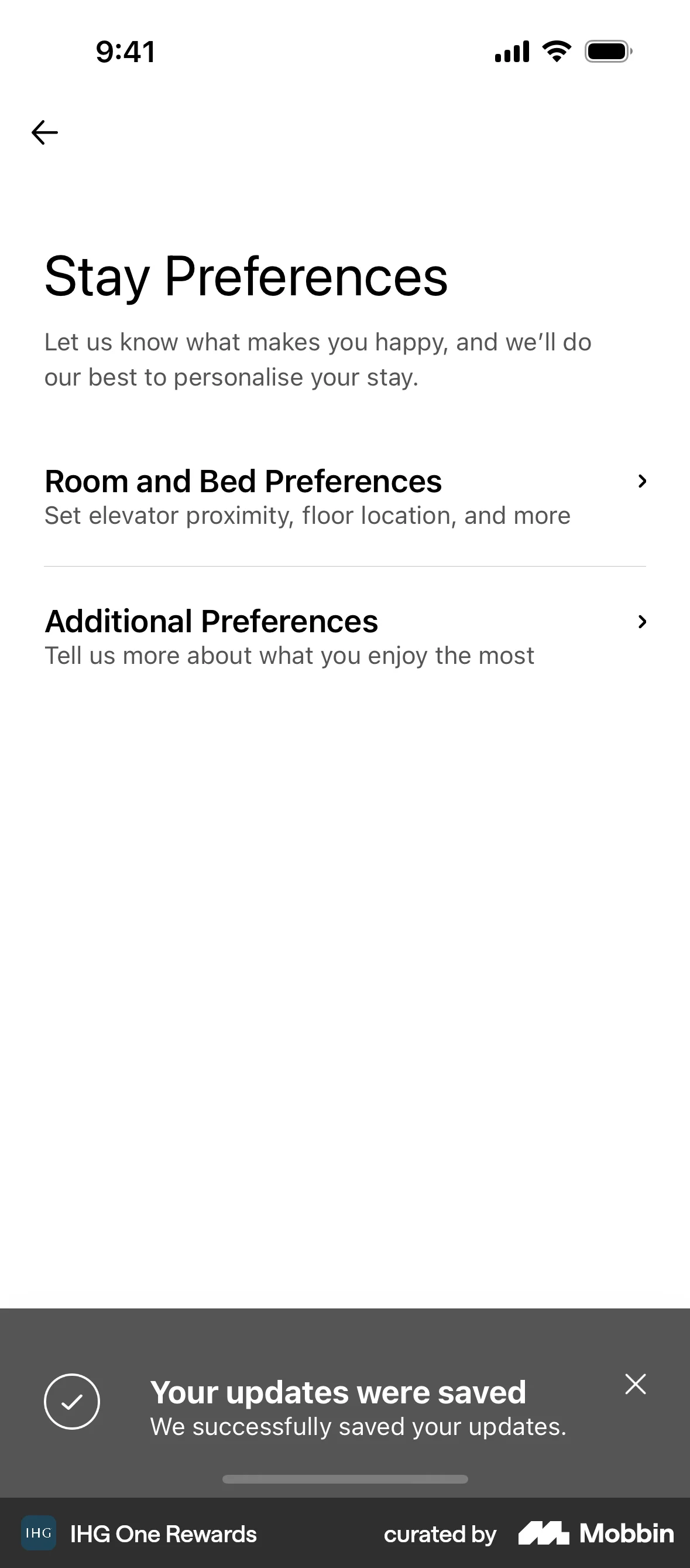 IHG Hotels & Rewards iOS screen containing Toast UI element