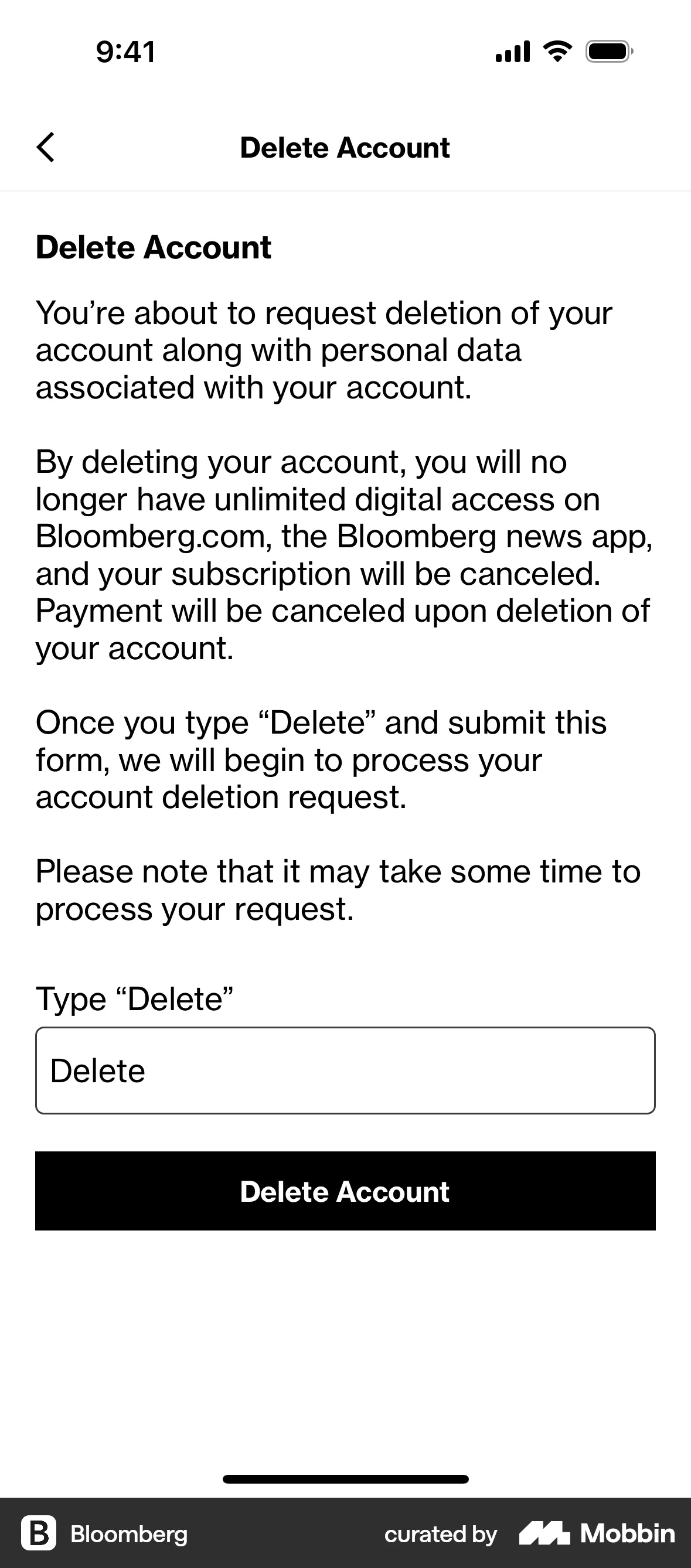 Bloomberg iOS Delete & Deactivate Account screen