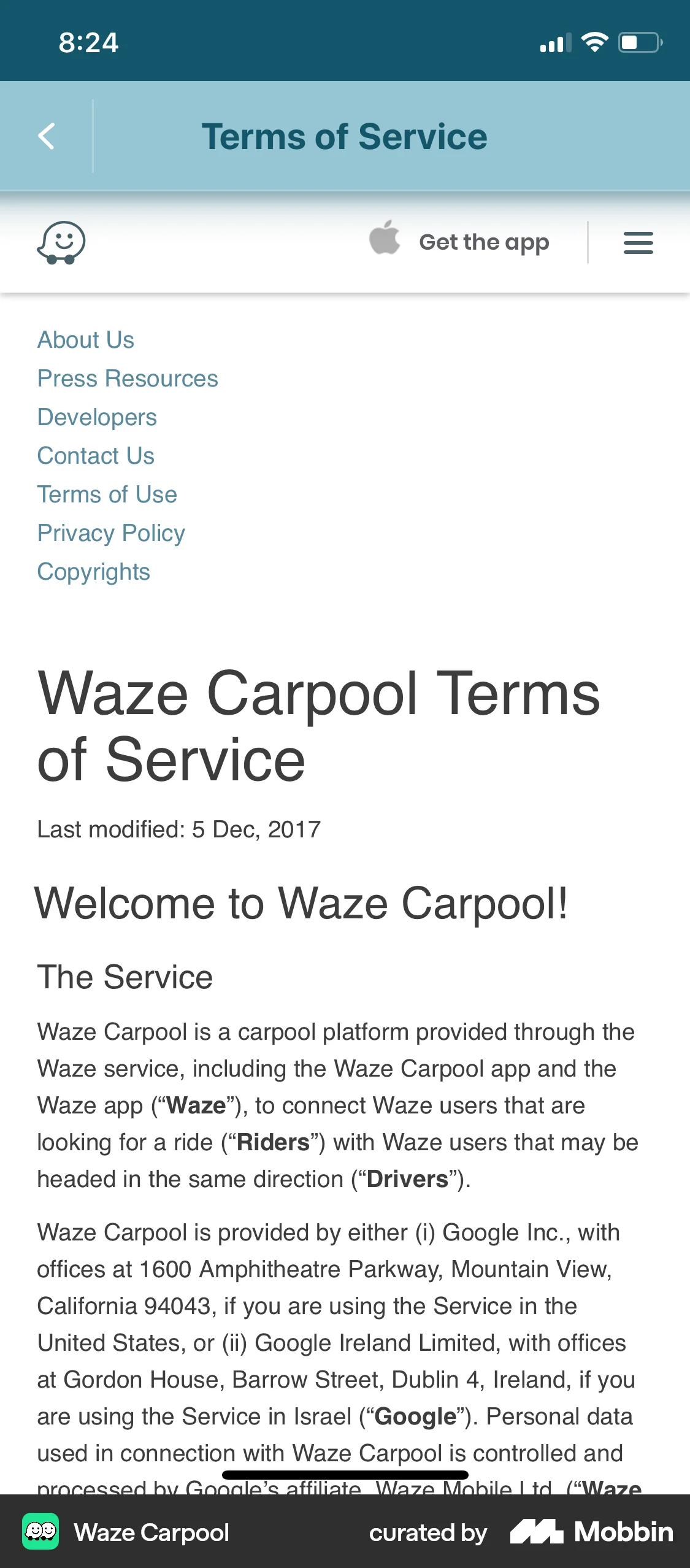 Waze Carpool iOS Privacy Policy screen