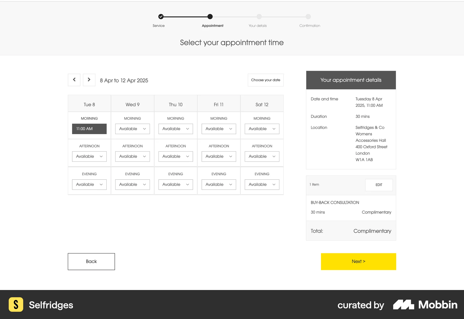 Selfridges Web Schedule screen