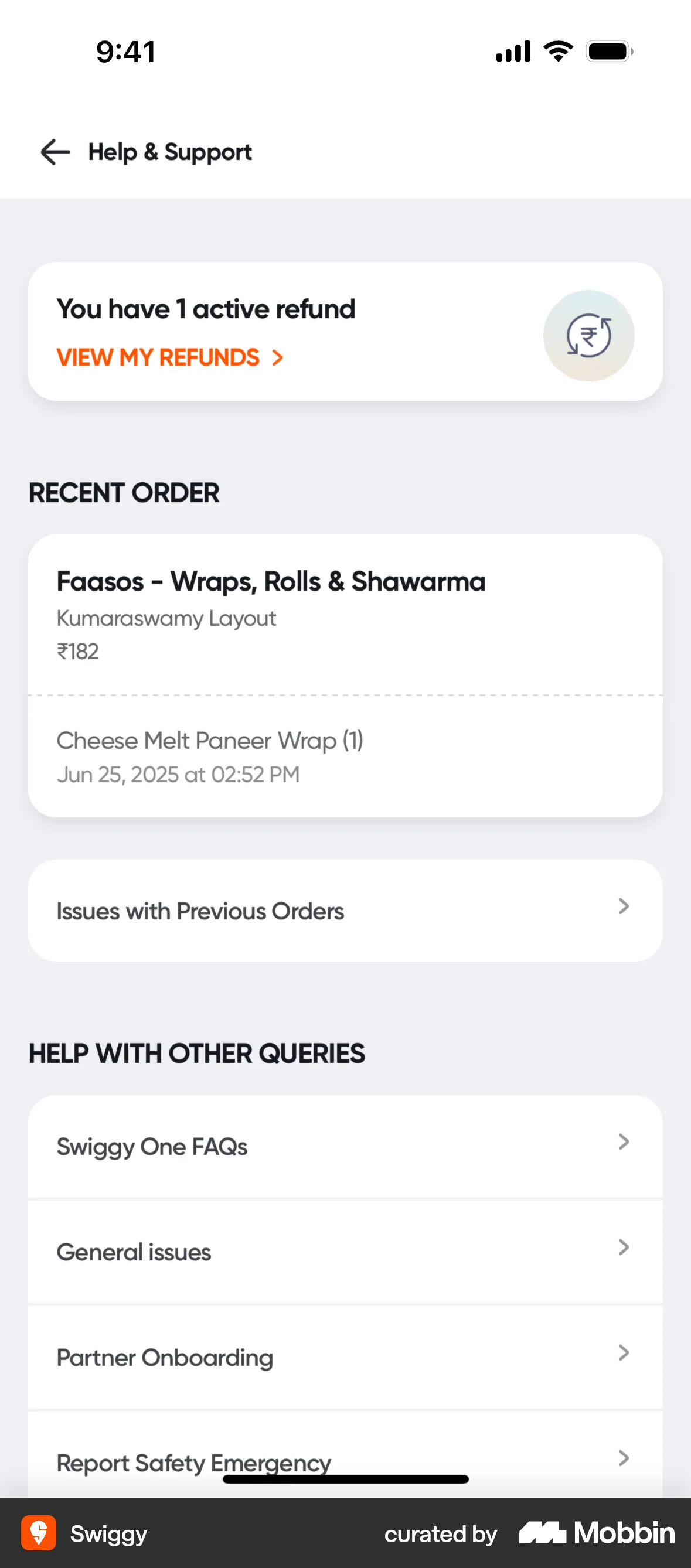 Swiggy iOS Help & Support screen