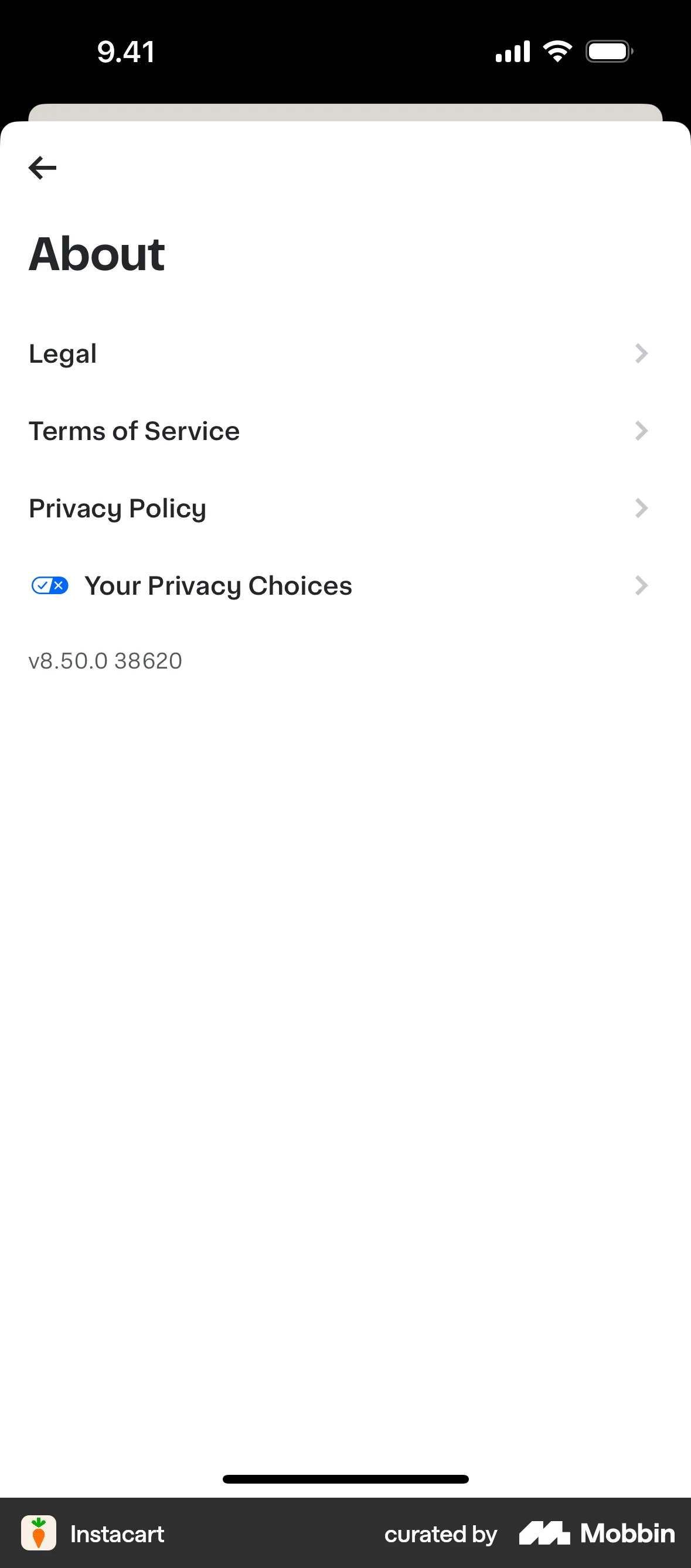Instacart iOS About screen