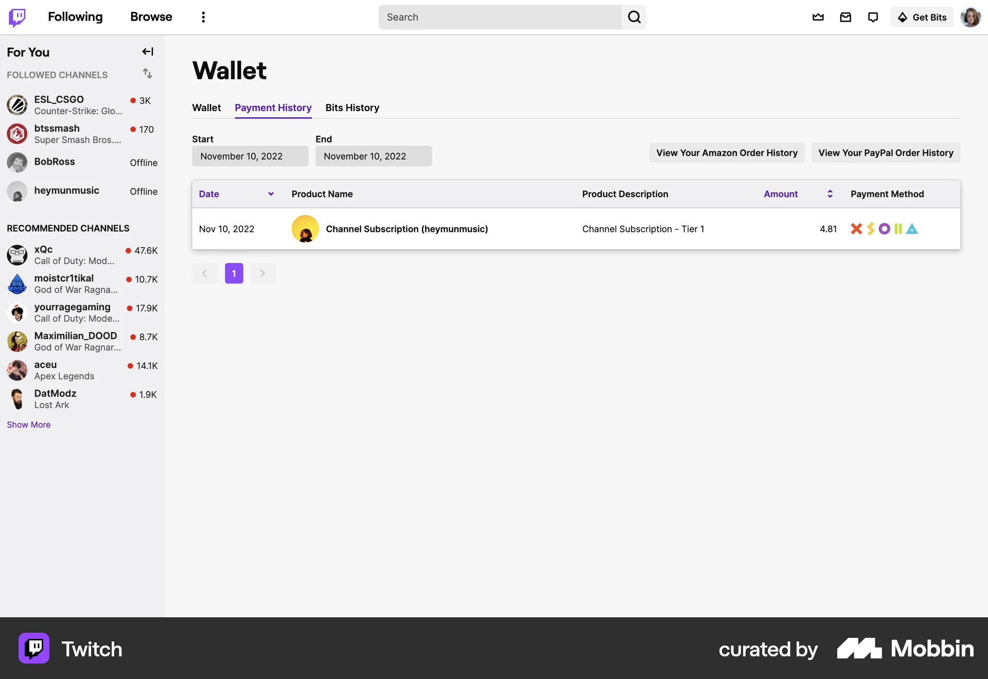 Twitch Web Order History screen