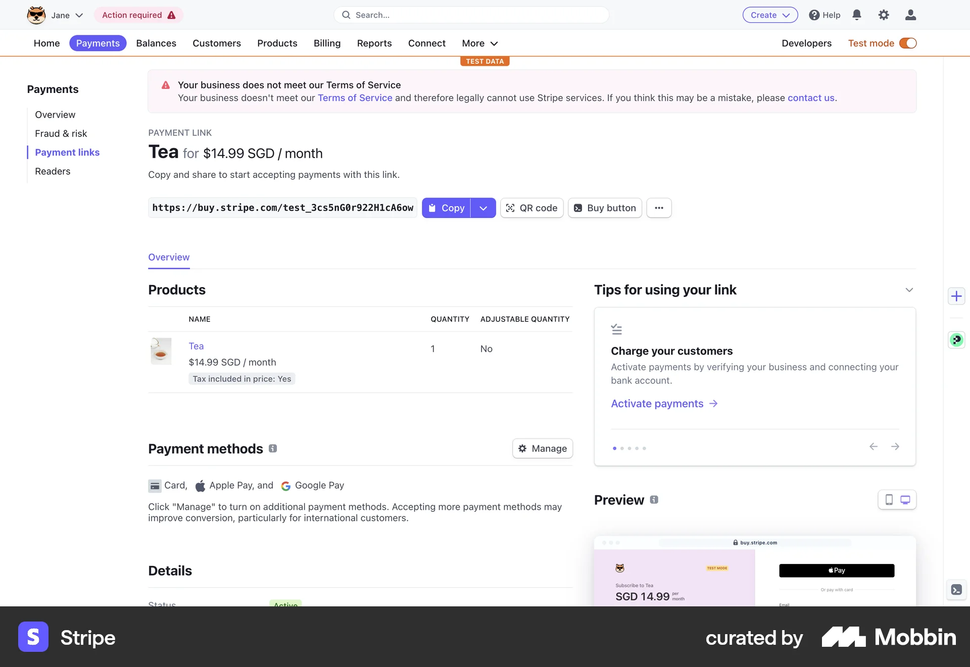 Stripe Web Other Content screen