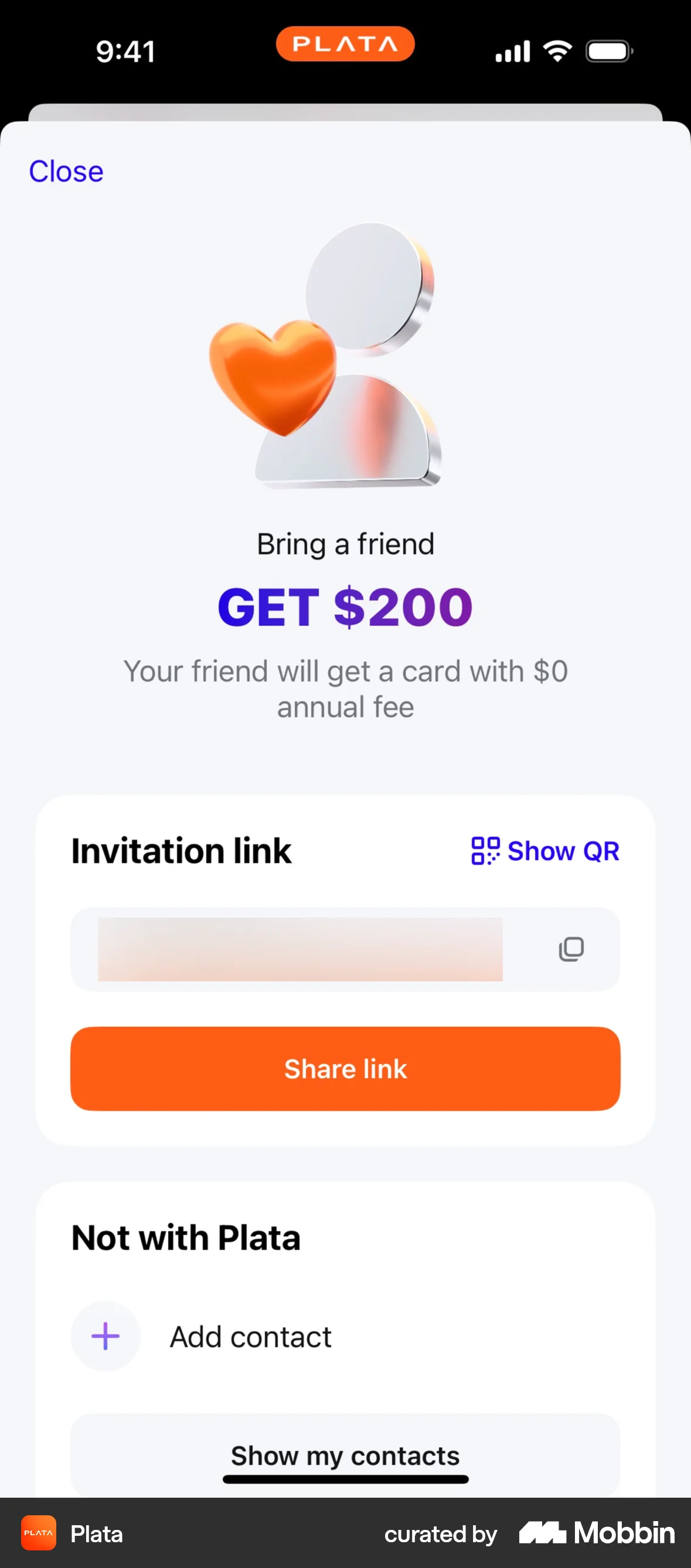 Plata Card iOS Invite & Refer Friends screen