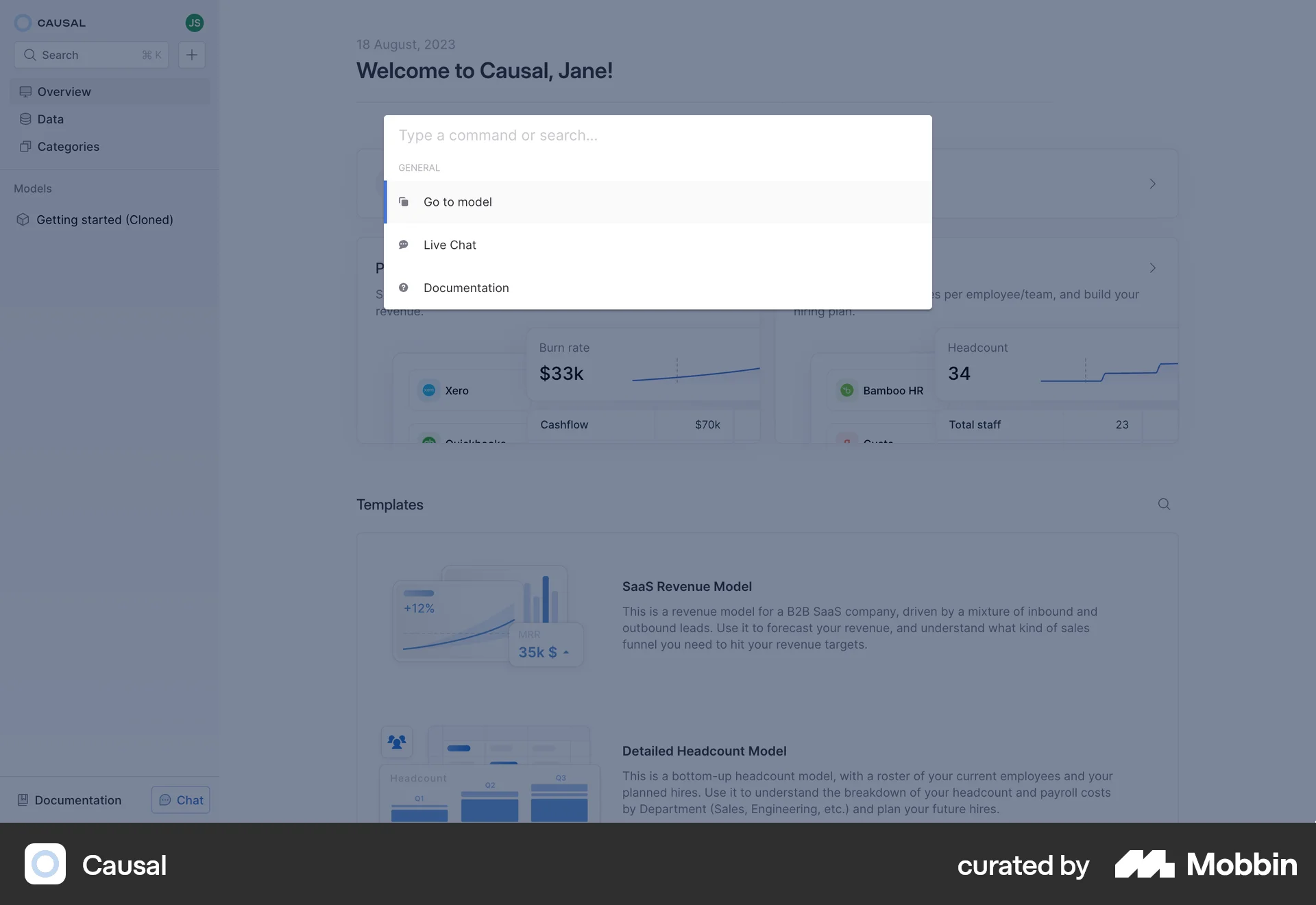 Causal Web Command Palette screen