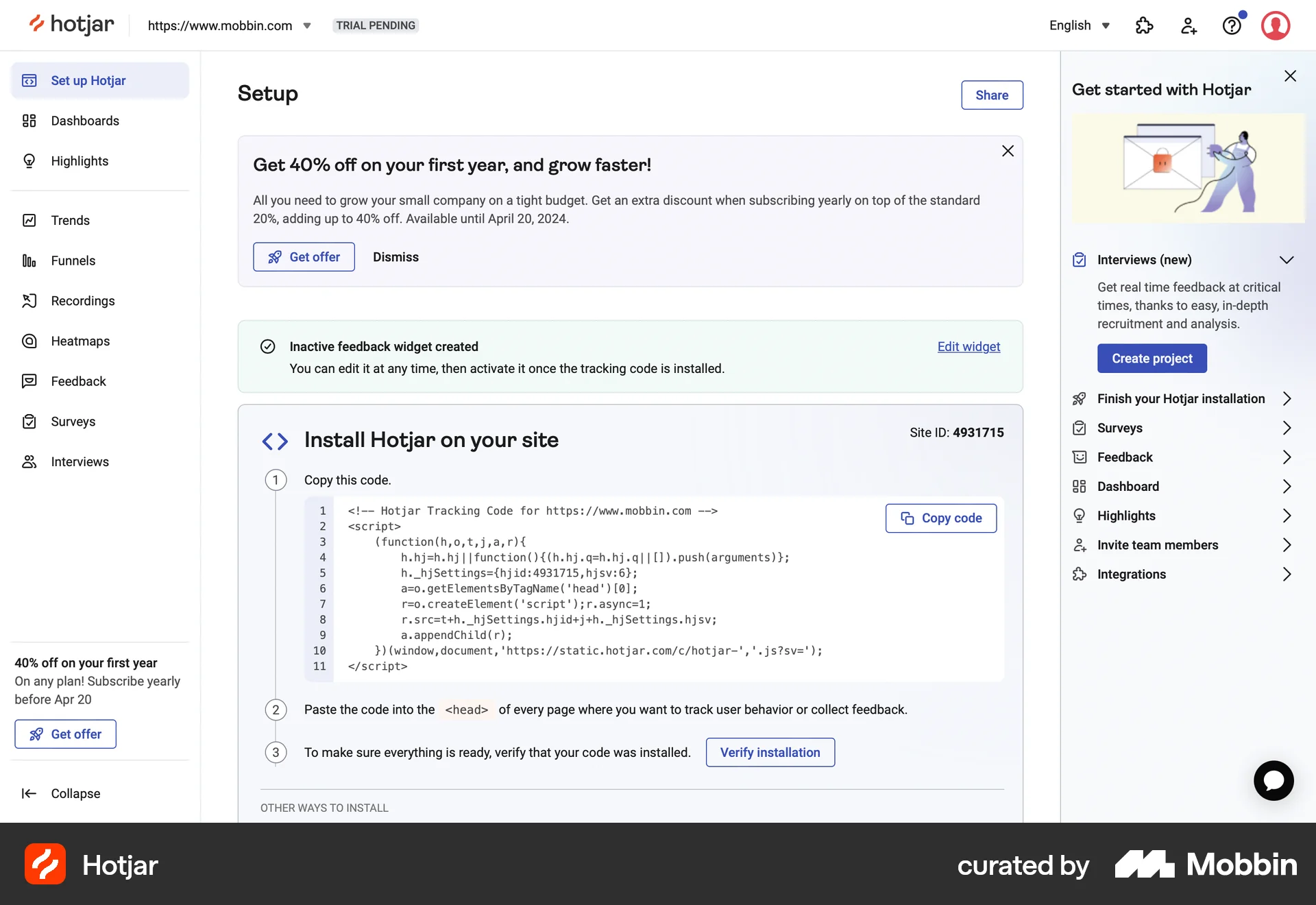 Hotjar Web Promotions & Rewards screen