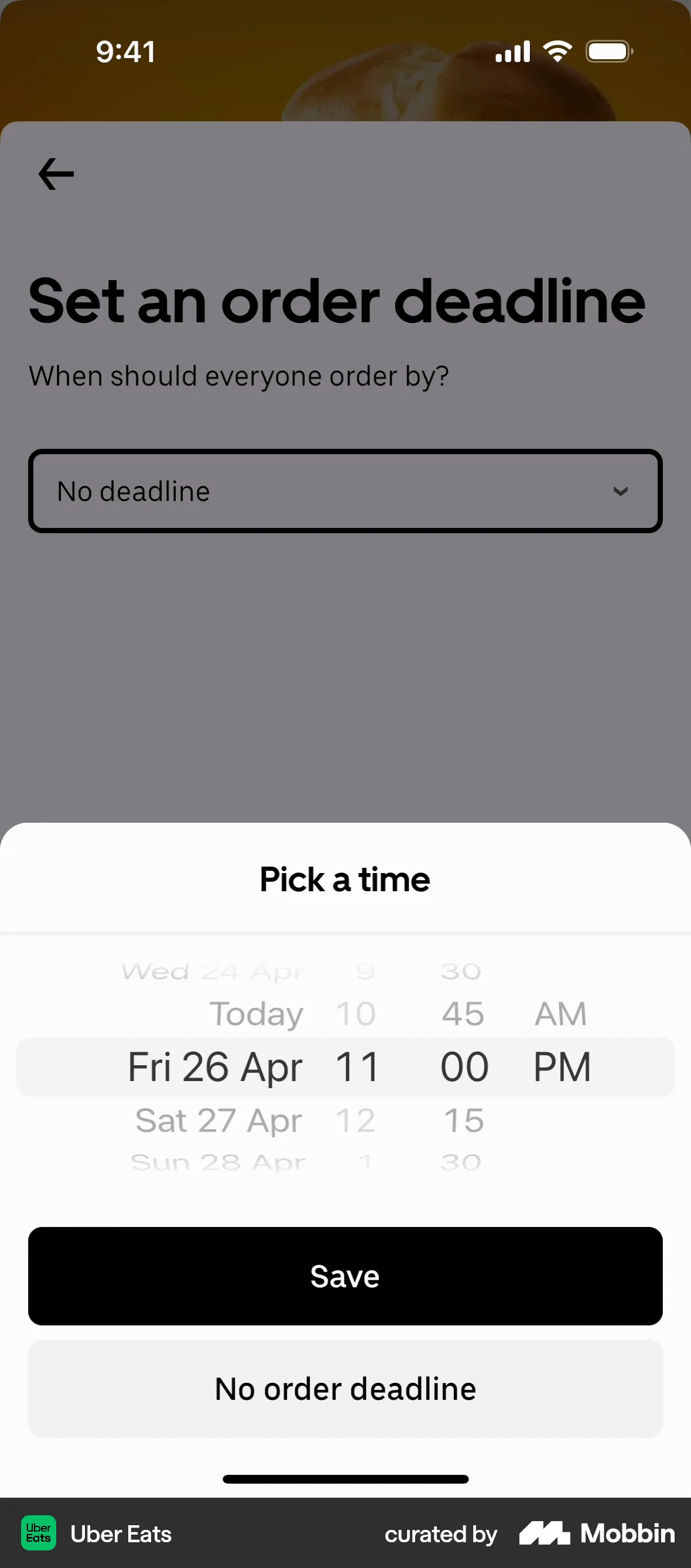 Uber Eats iOS screen containing Time Picker UI element