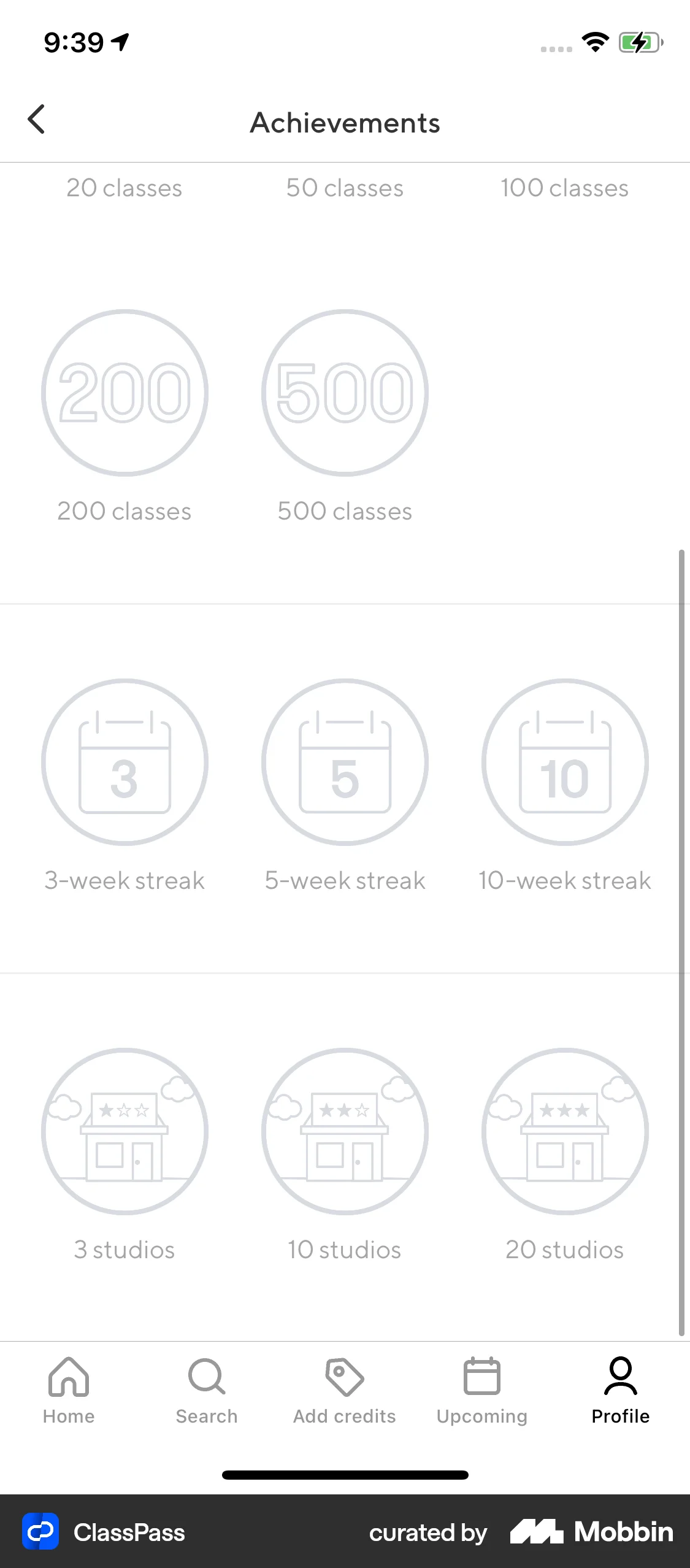 ClassPass iOS Achievements & Awards screen