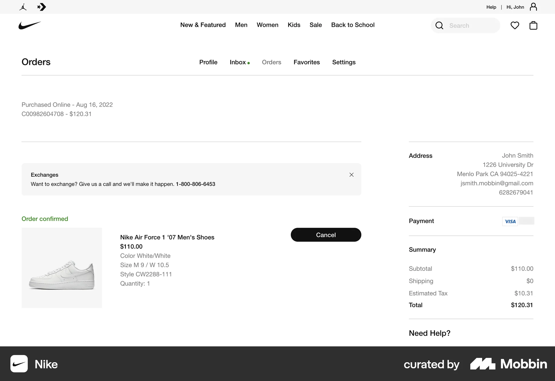 Nike Web Order Detail screen