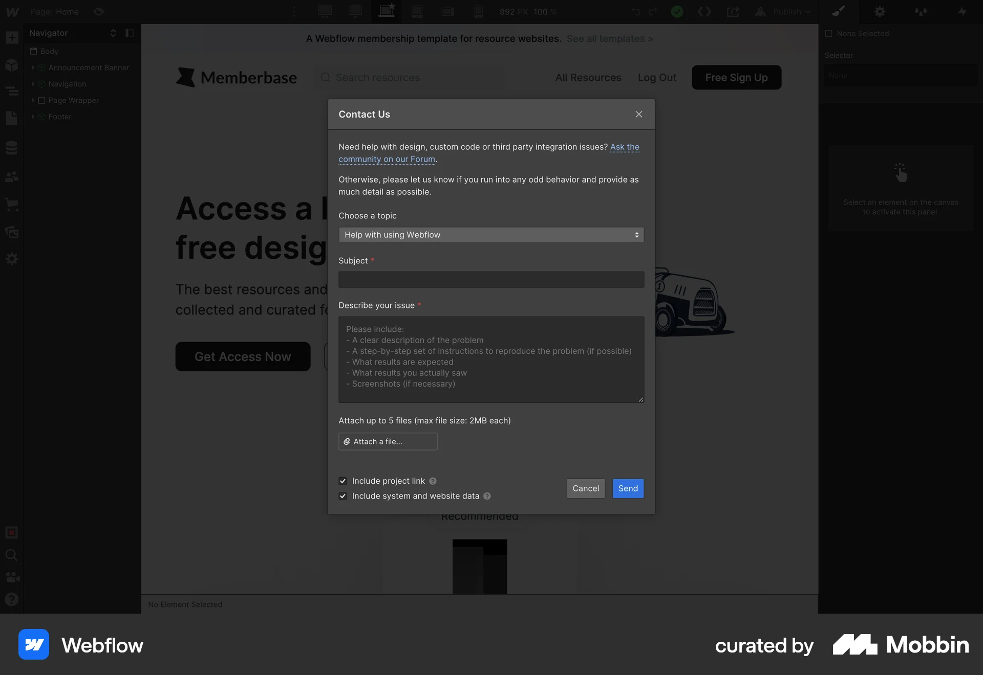 Webflow Web Help & Support screen