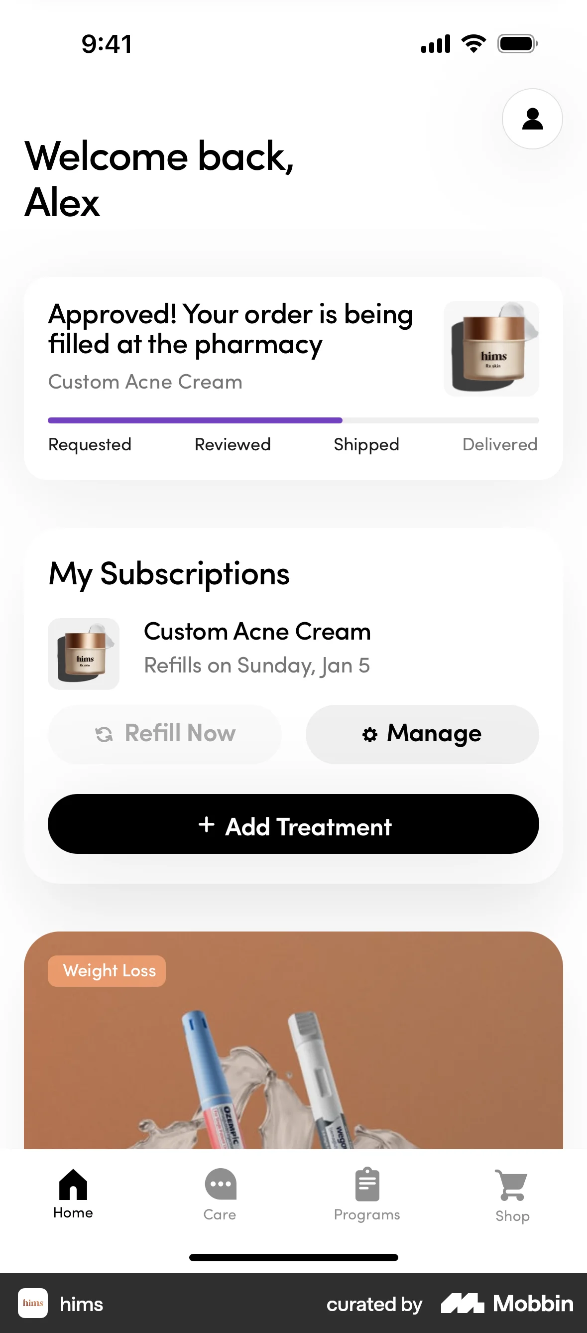 Hims iOS screen containing Tab Bar UI element
