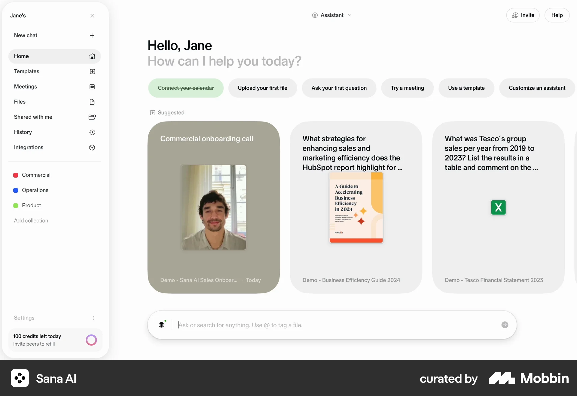 Sana AI Web Home screen