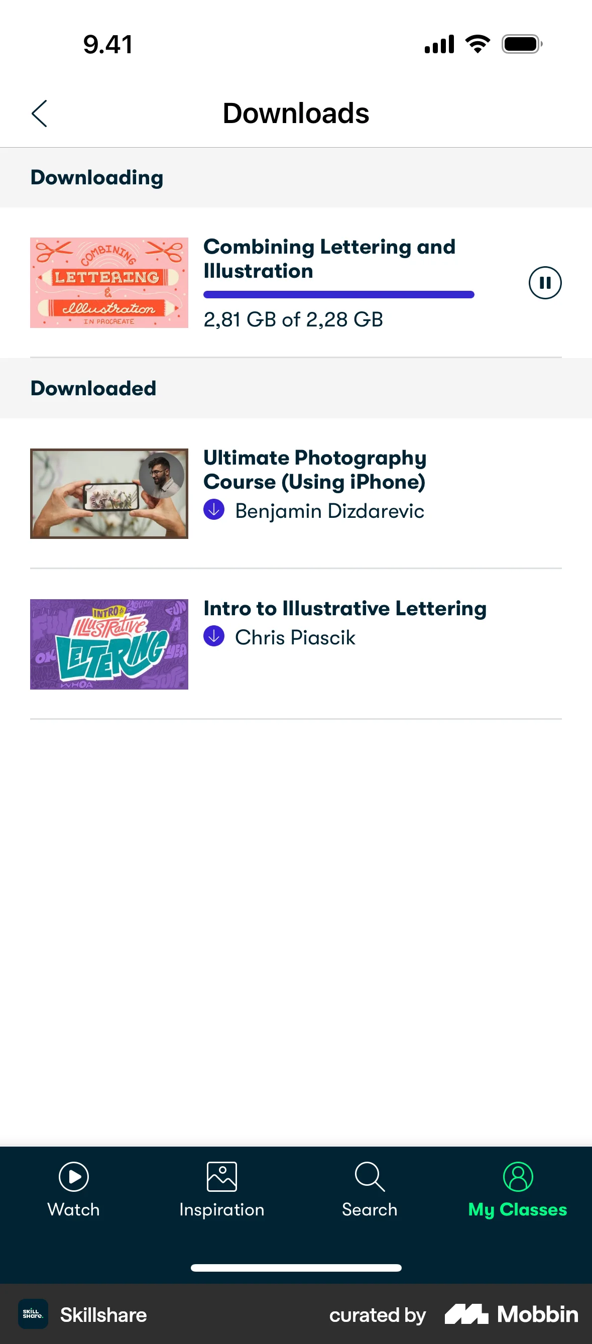 Skillshare iOS Downloads & Available Offline screen