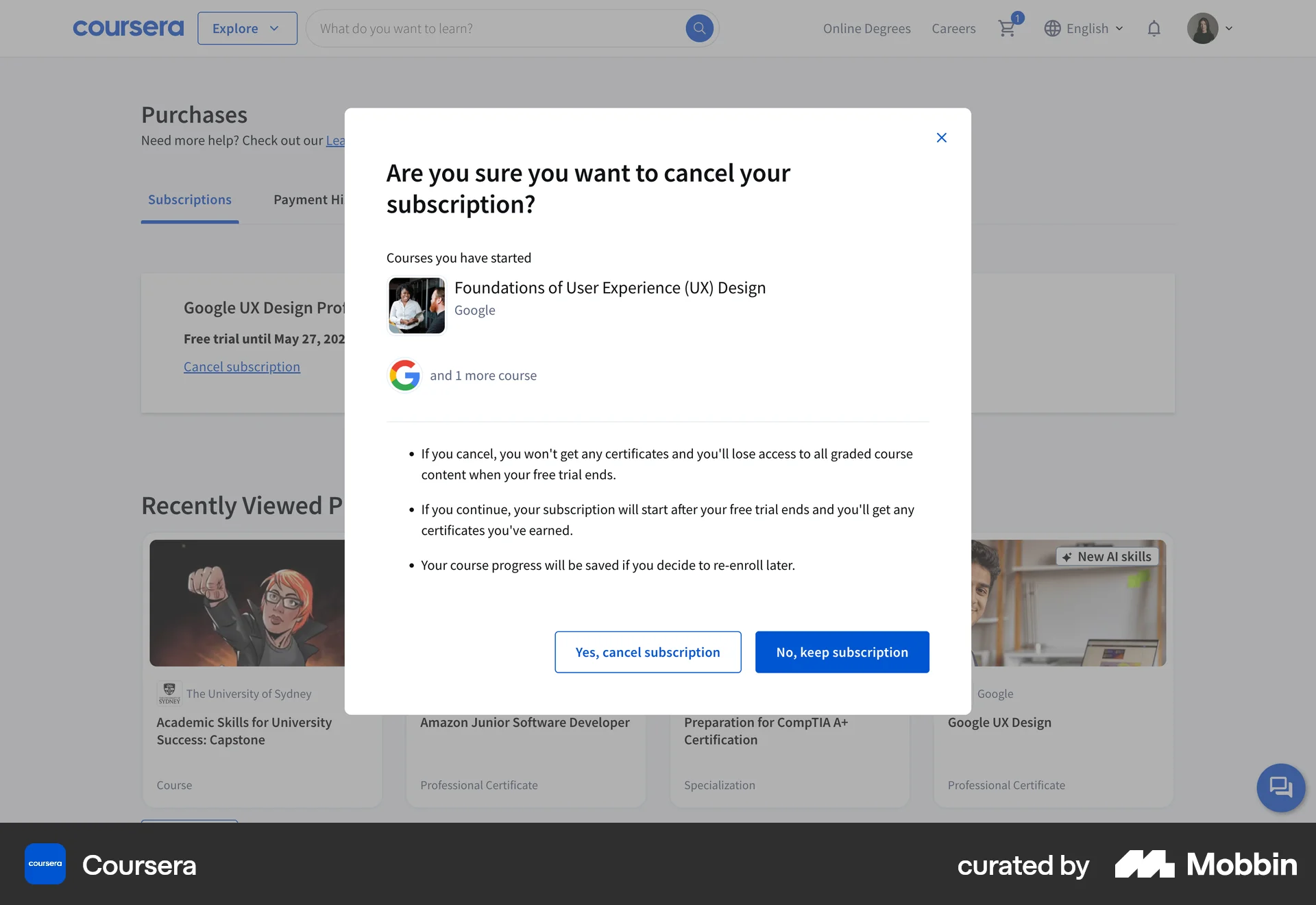 Coursera Web Cancel screen