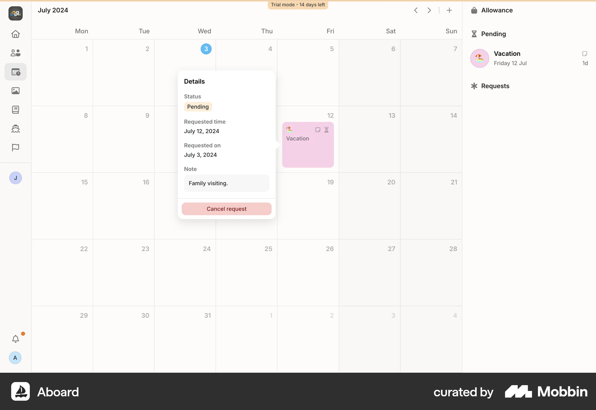 Aboard Web Event Detail screen