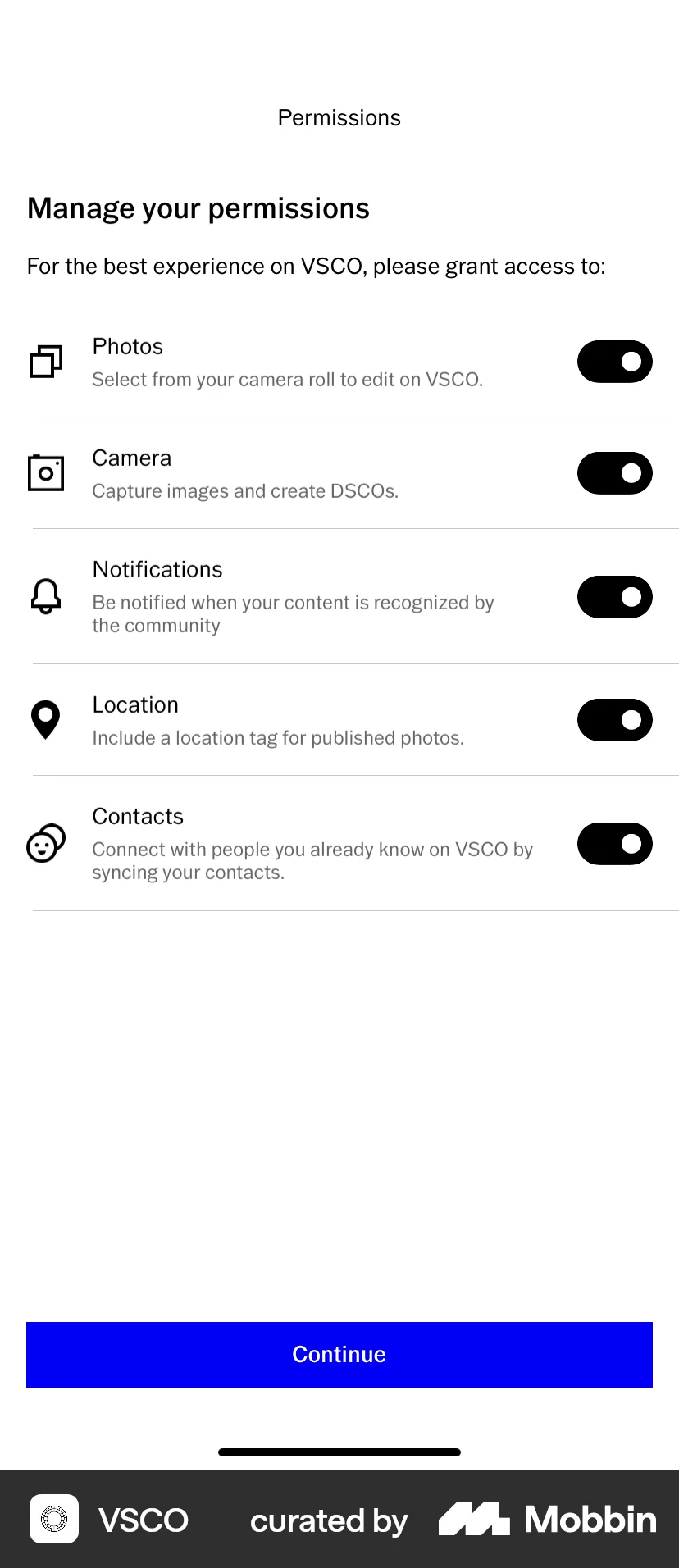VSCO iOS Permission screen