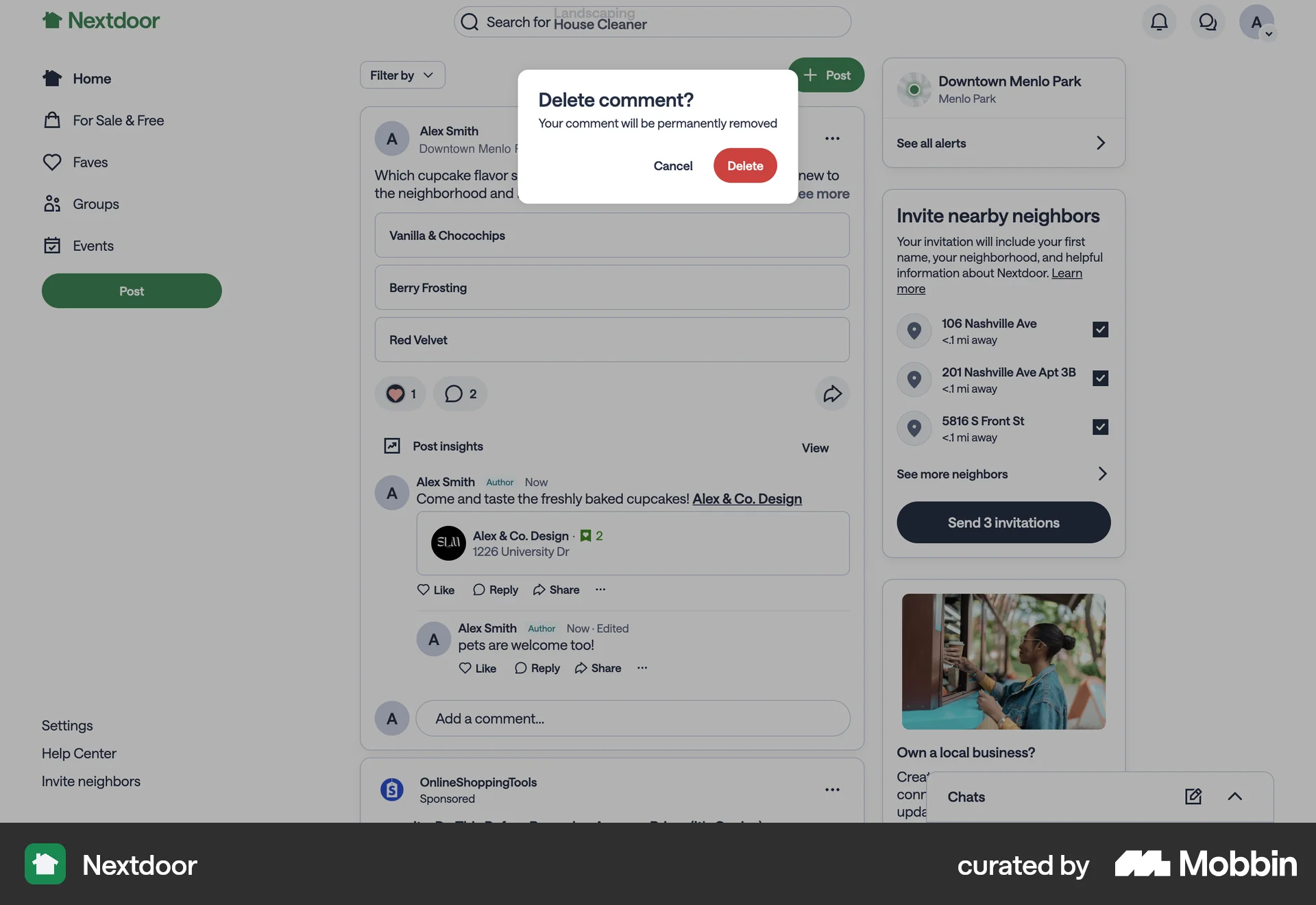 Nextdoor Web Delete screen