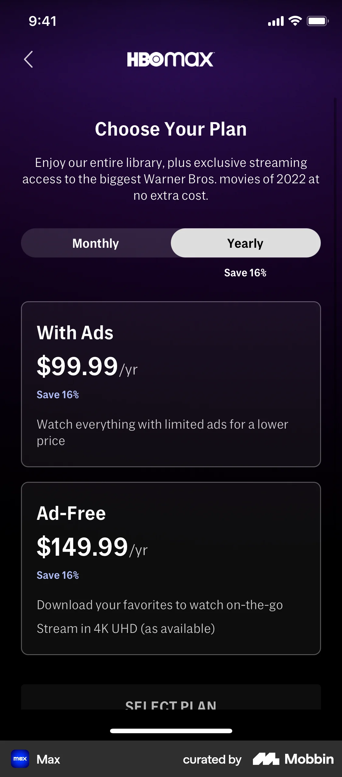 HBO Max iOS Subscription & Paywall screen