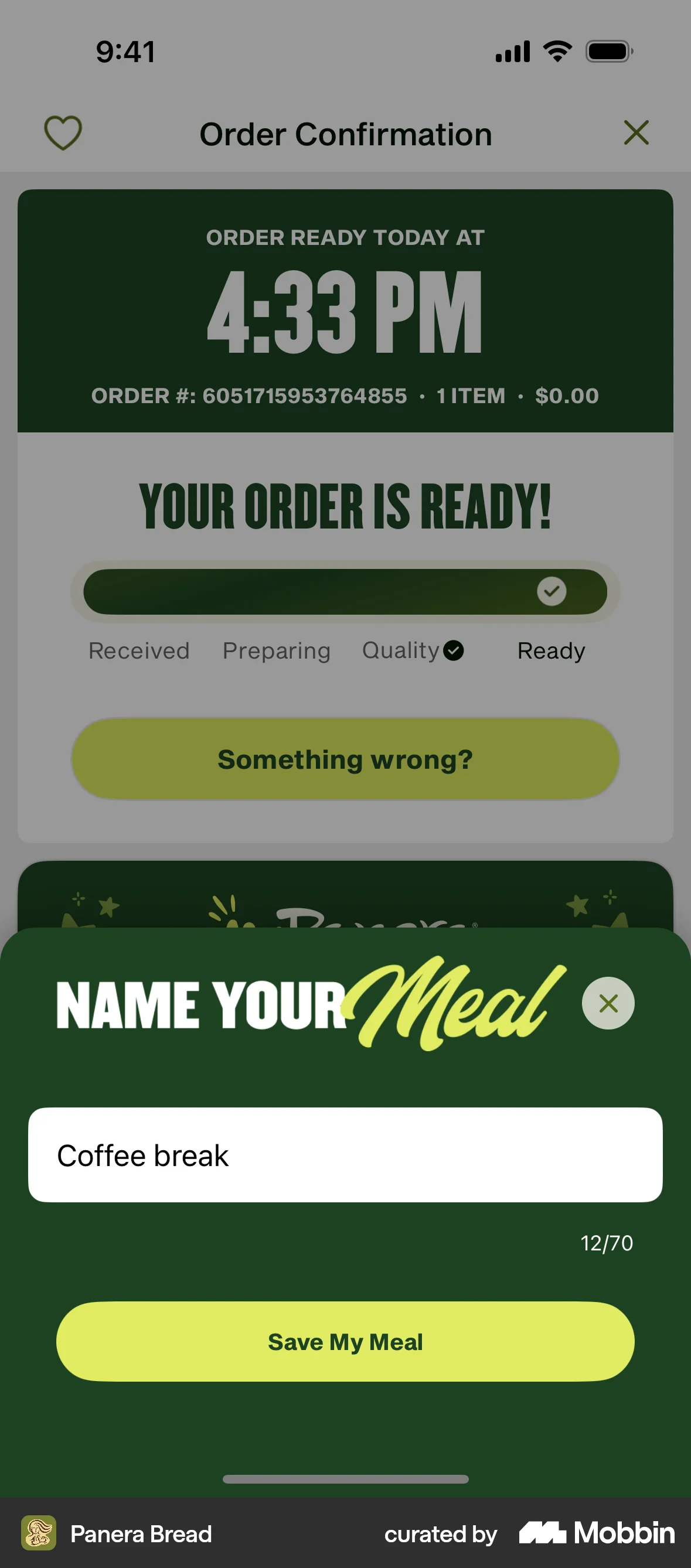 Panera Bread iOS Save screen