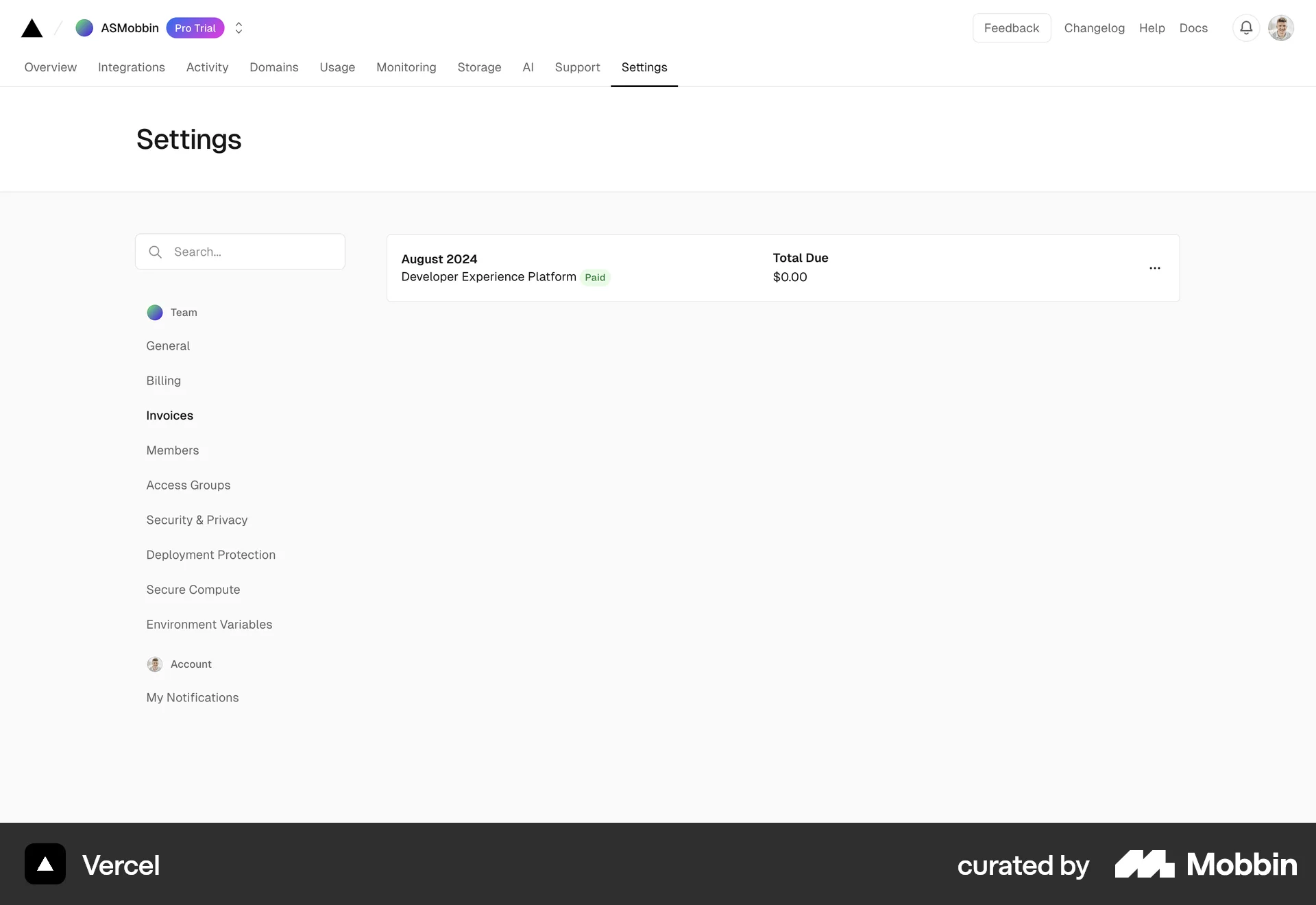 Vercel Web Order History screen