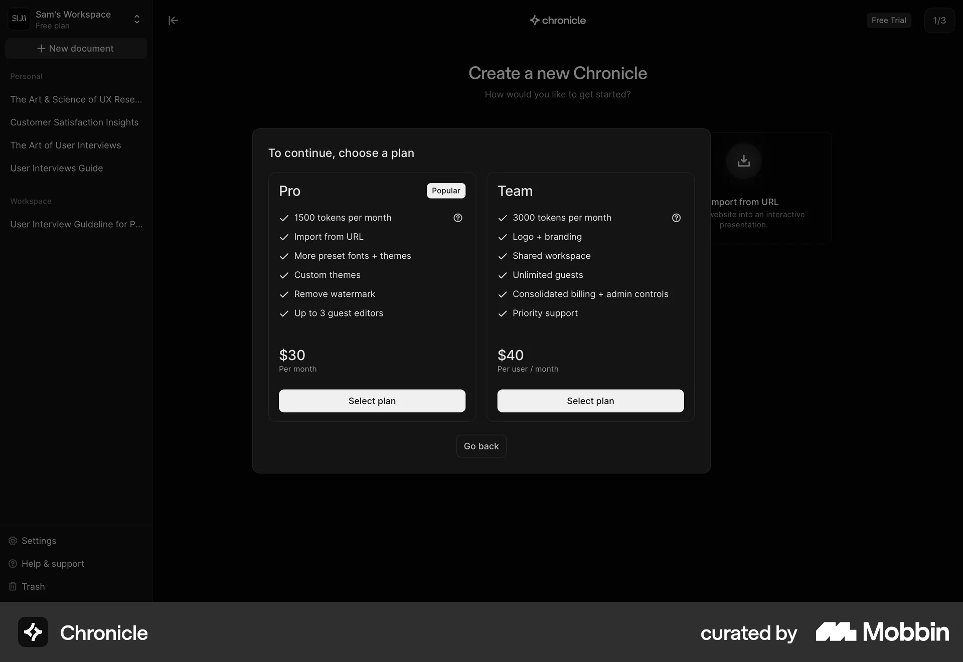 Chronicle Web Pricing screen