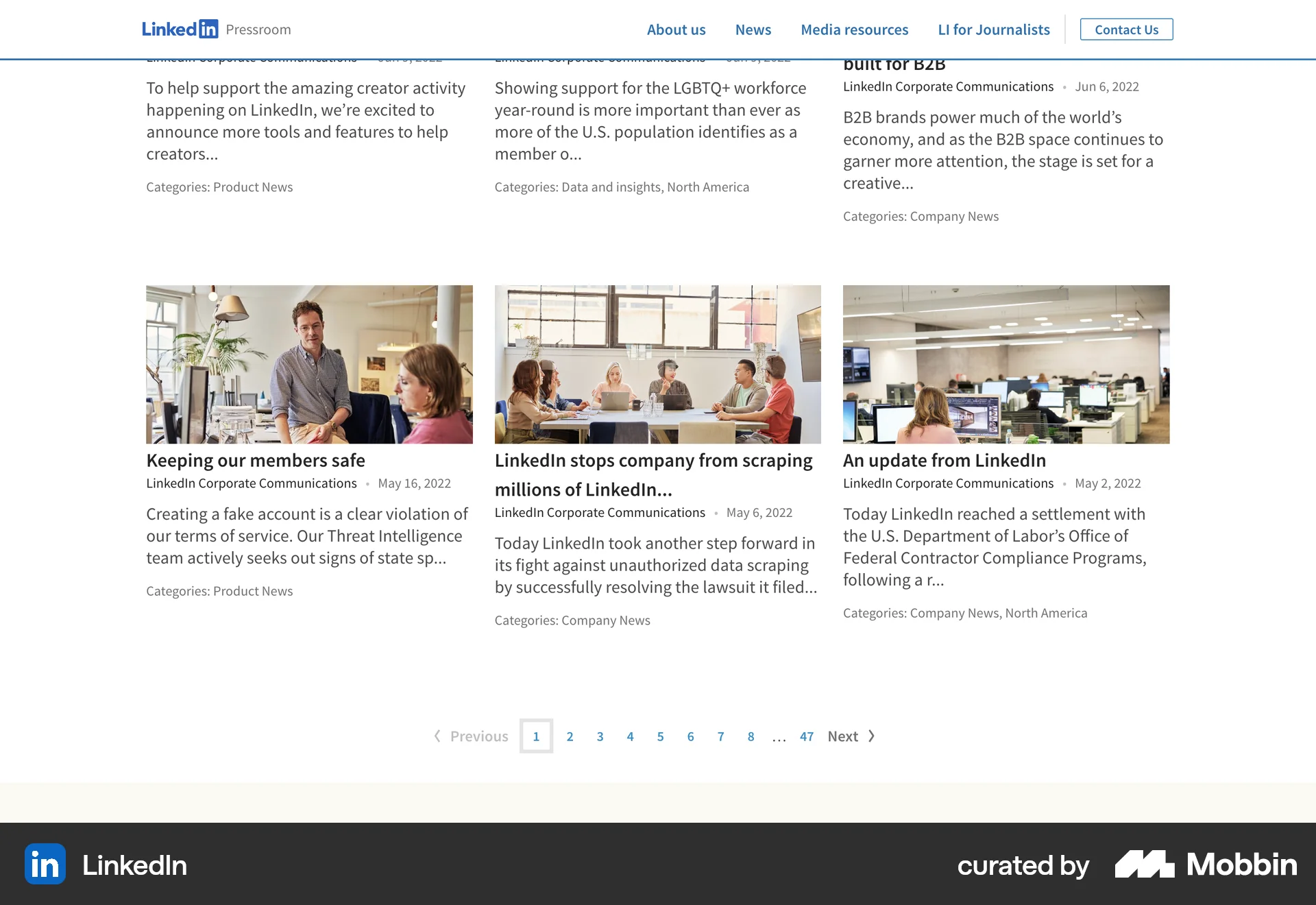 LinkedIn Web screen containing Pagination UI element