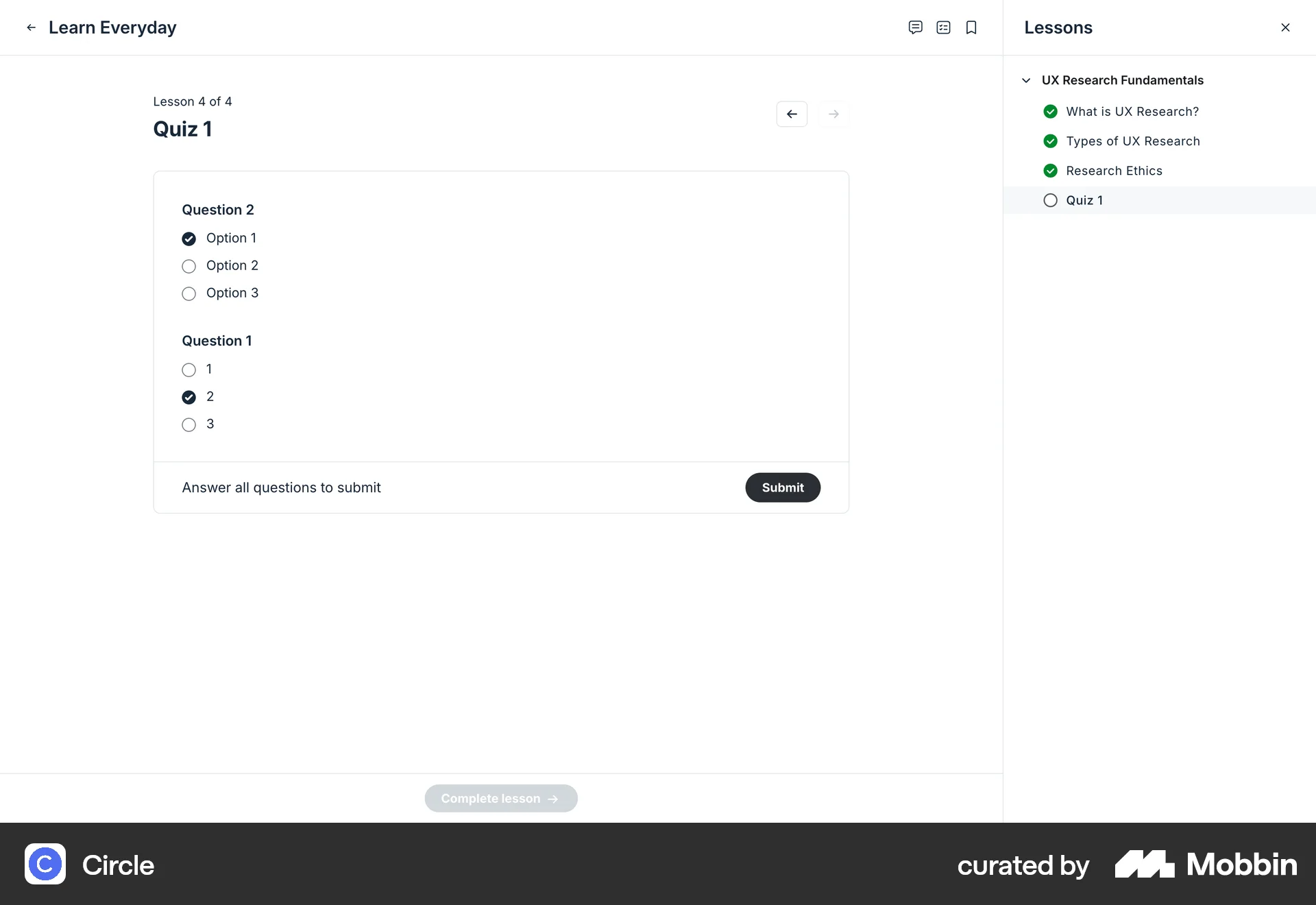 Circle Web Quiz screen