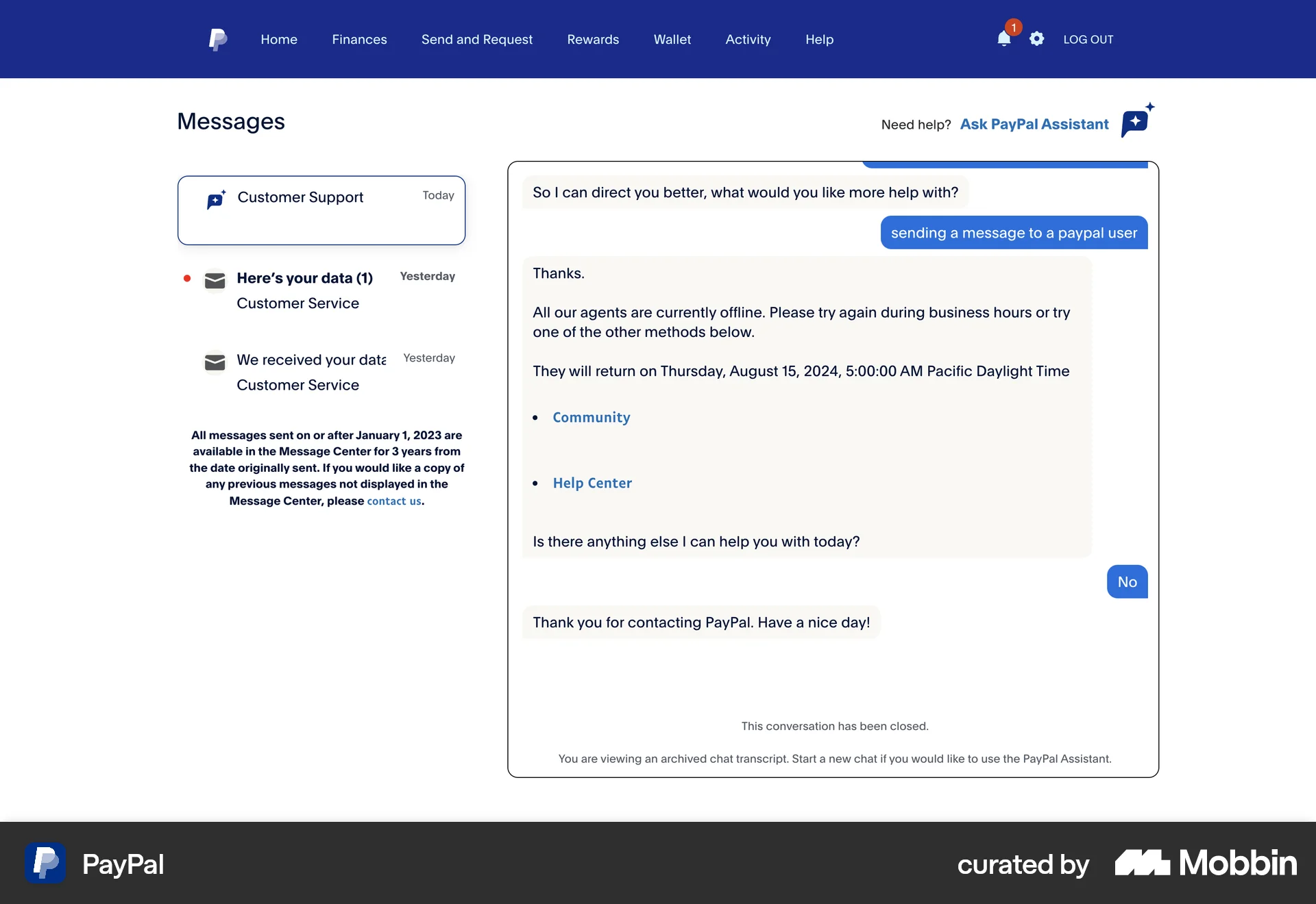 PayPal Web Emails & Messages screen