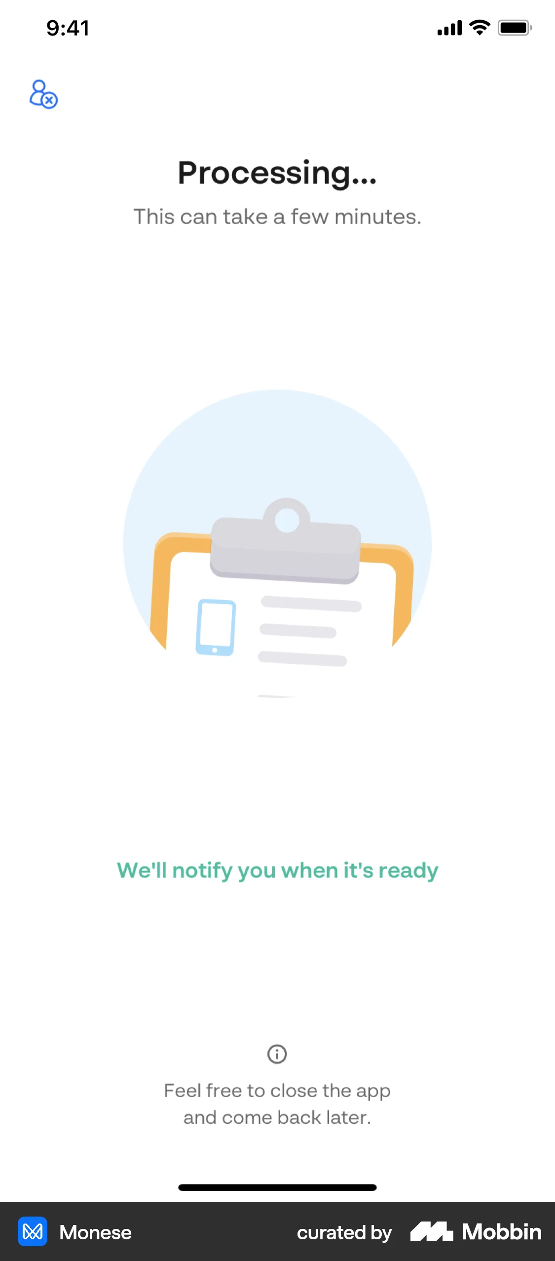 Monese iOS screen containing Loading Indicator UI element