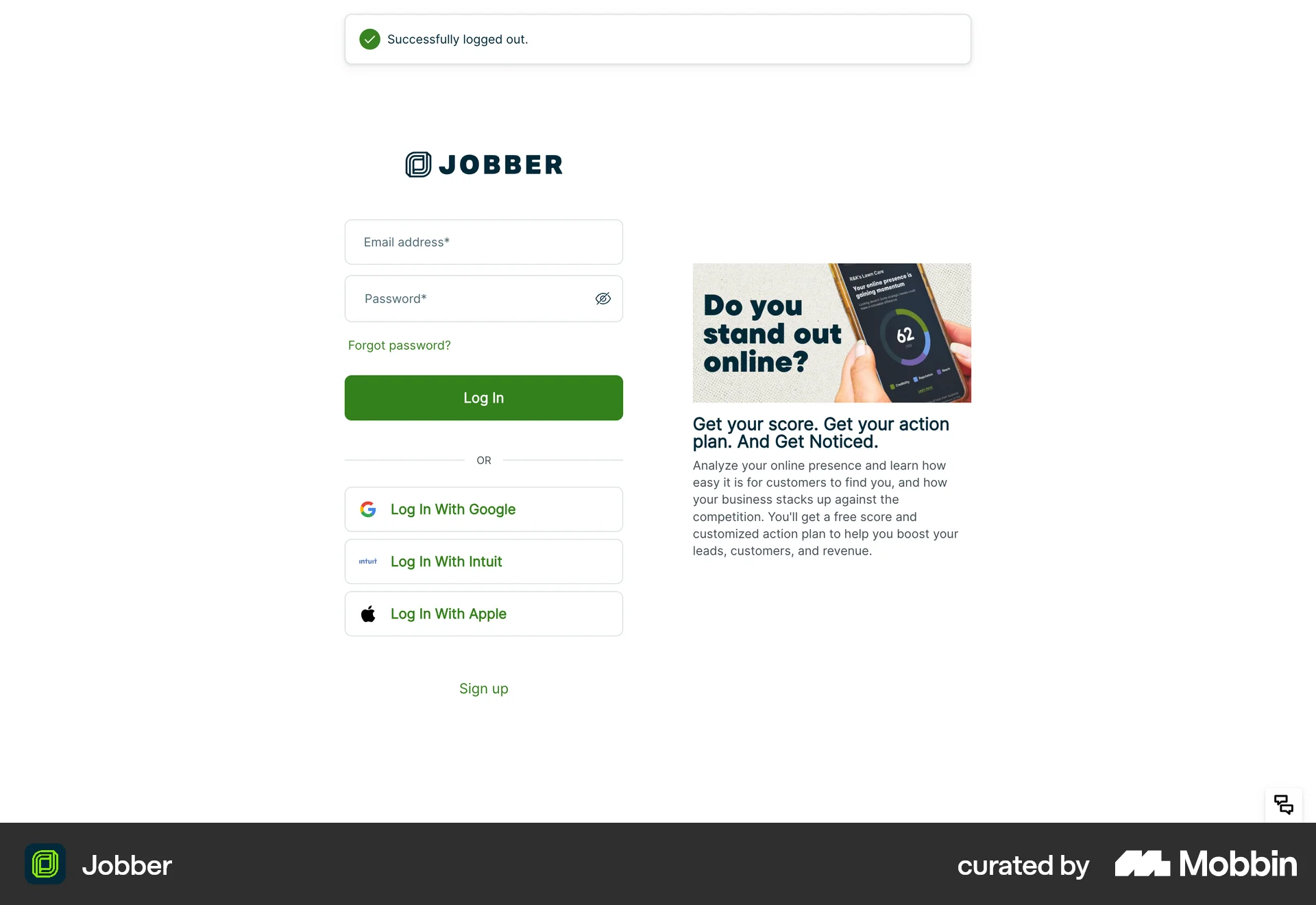 Jobber Web screen containing Toast UI element