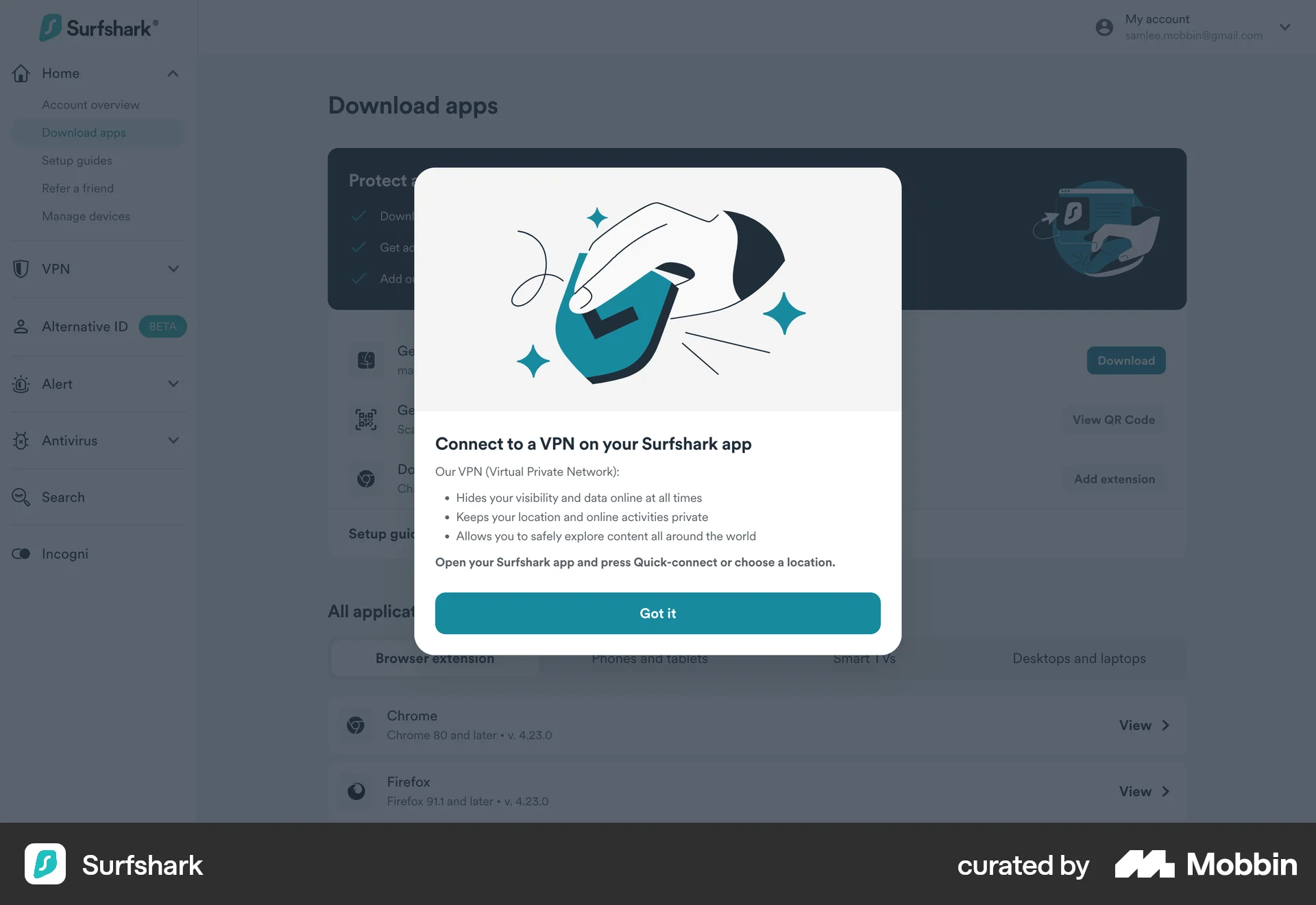 Surfshark Web screen containing Coach Marks UI element