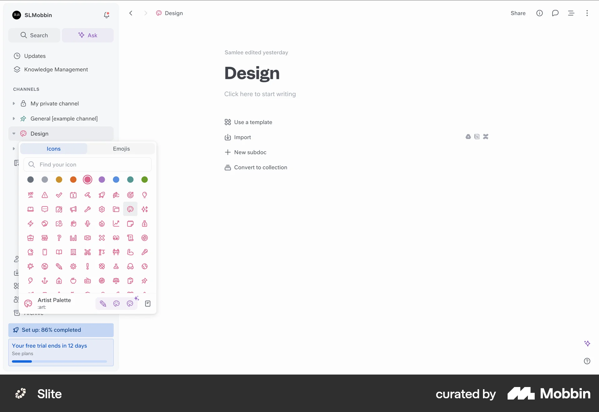 Slite Web screen containing Color Picker UI element