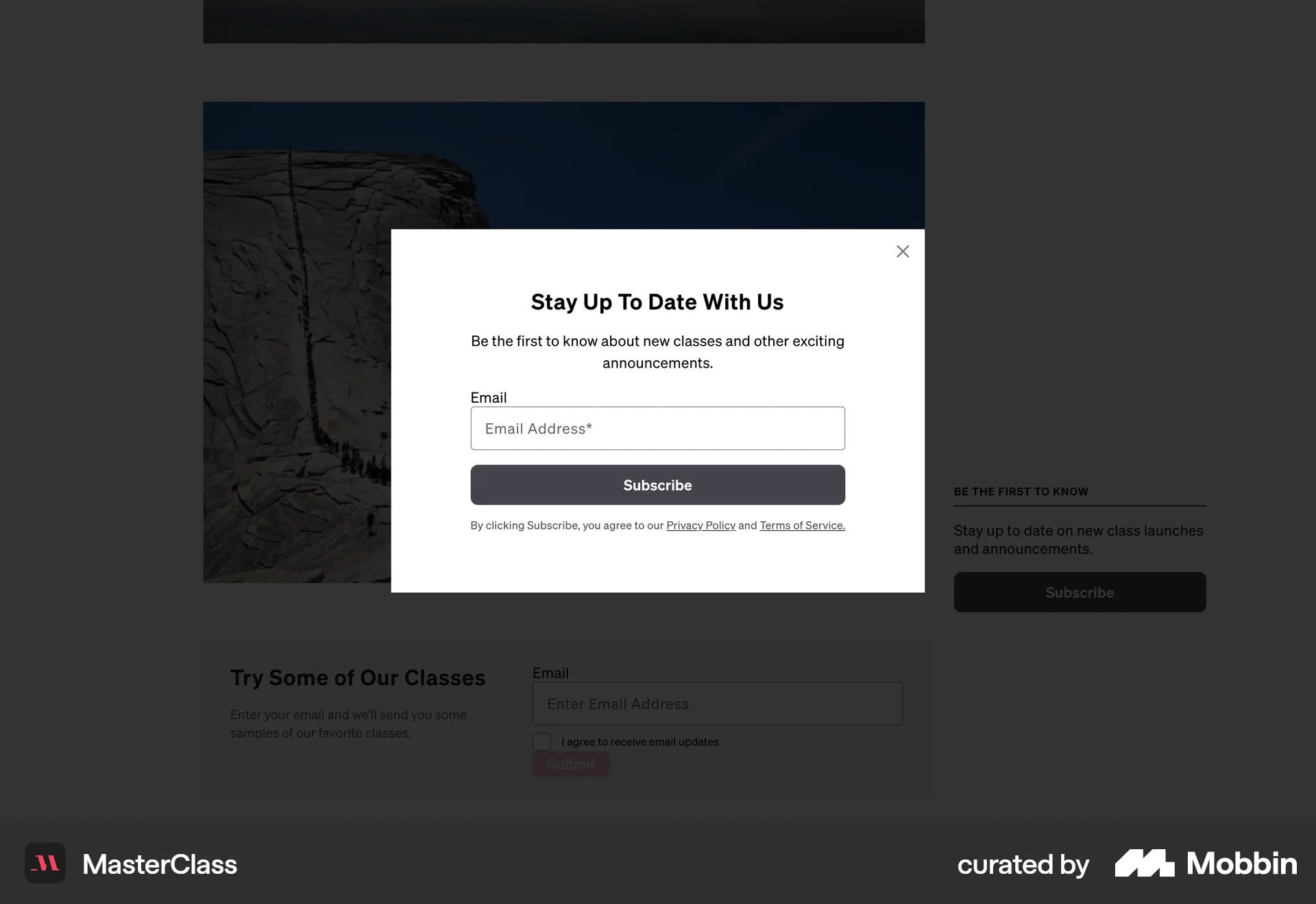 MasterClass Web Follow & Subscribe screen