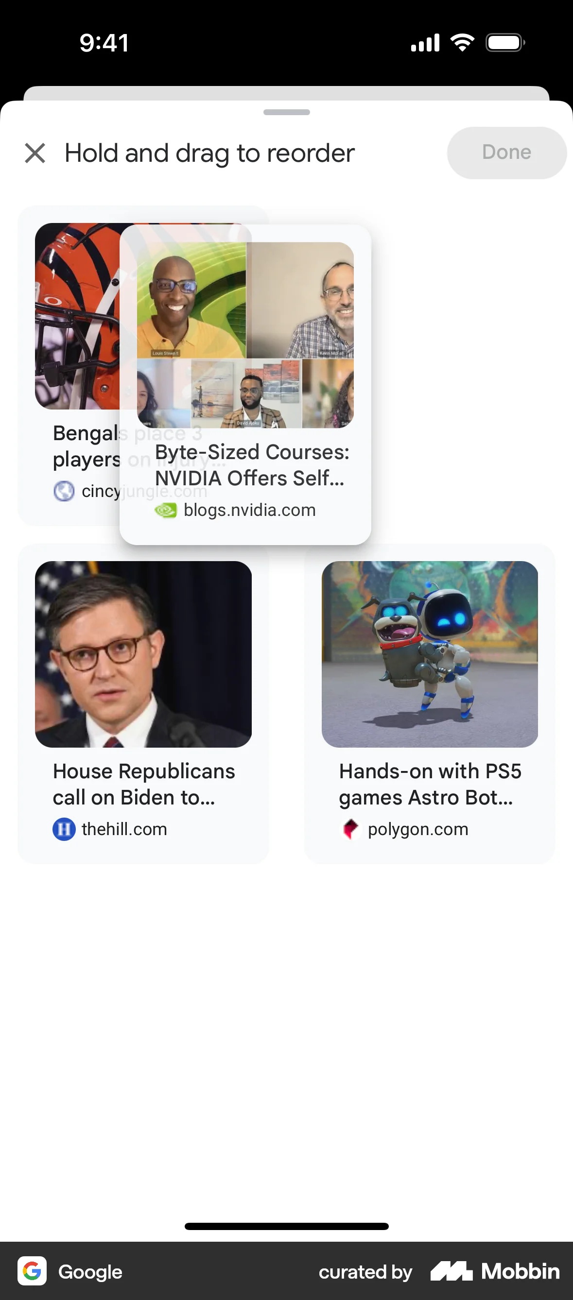 Google iOS Reorder screen