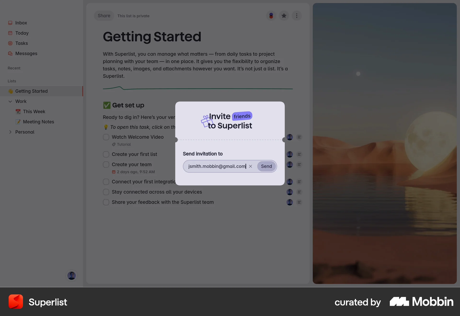 Superlist Web Invite & Refer Friends screen