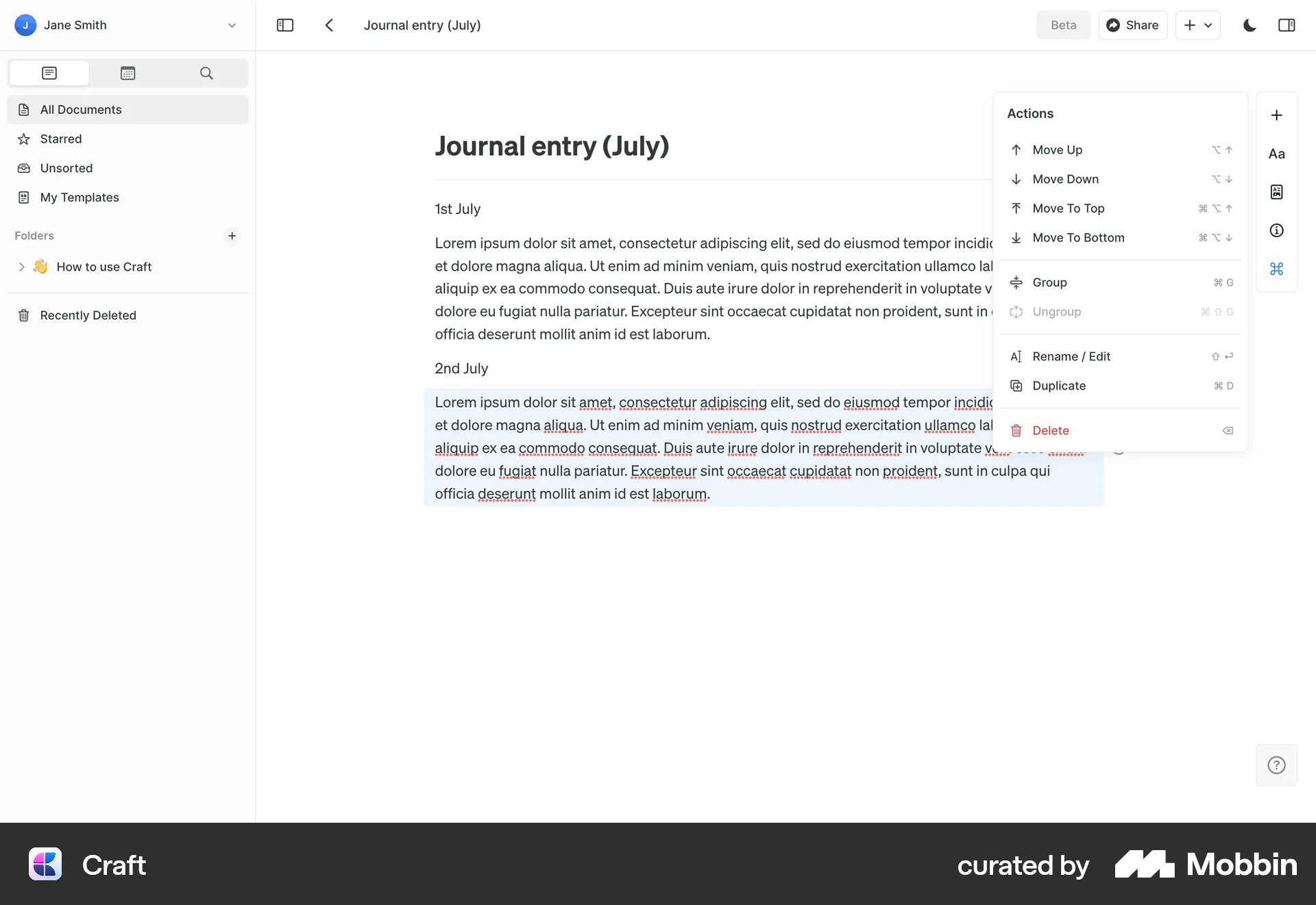 Craft Web screen containing Context Menu UI element