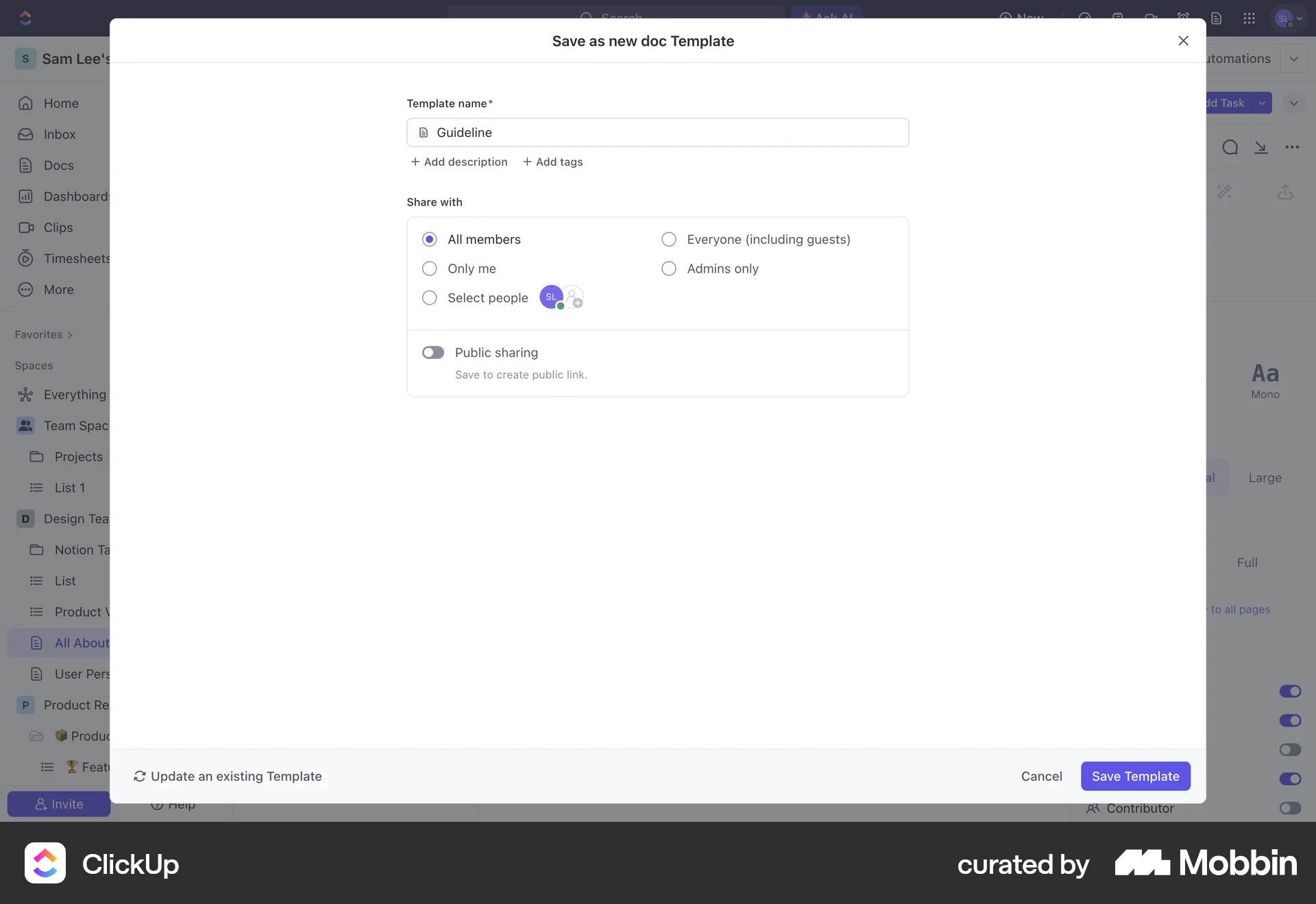 ClickUp Web screen containing Radio Button UI element