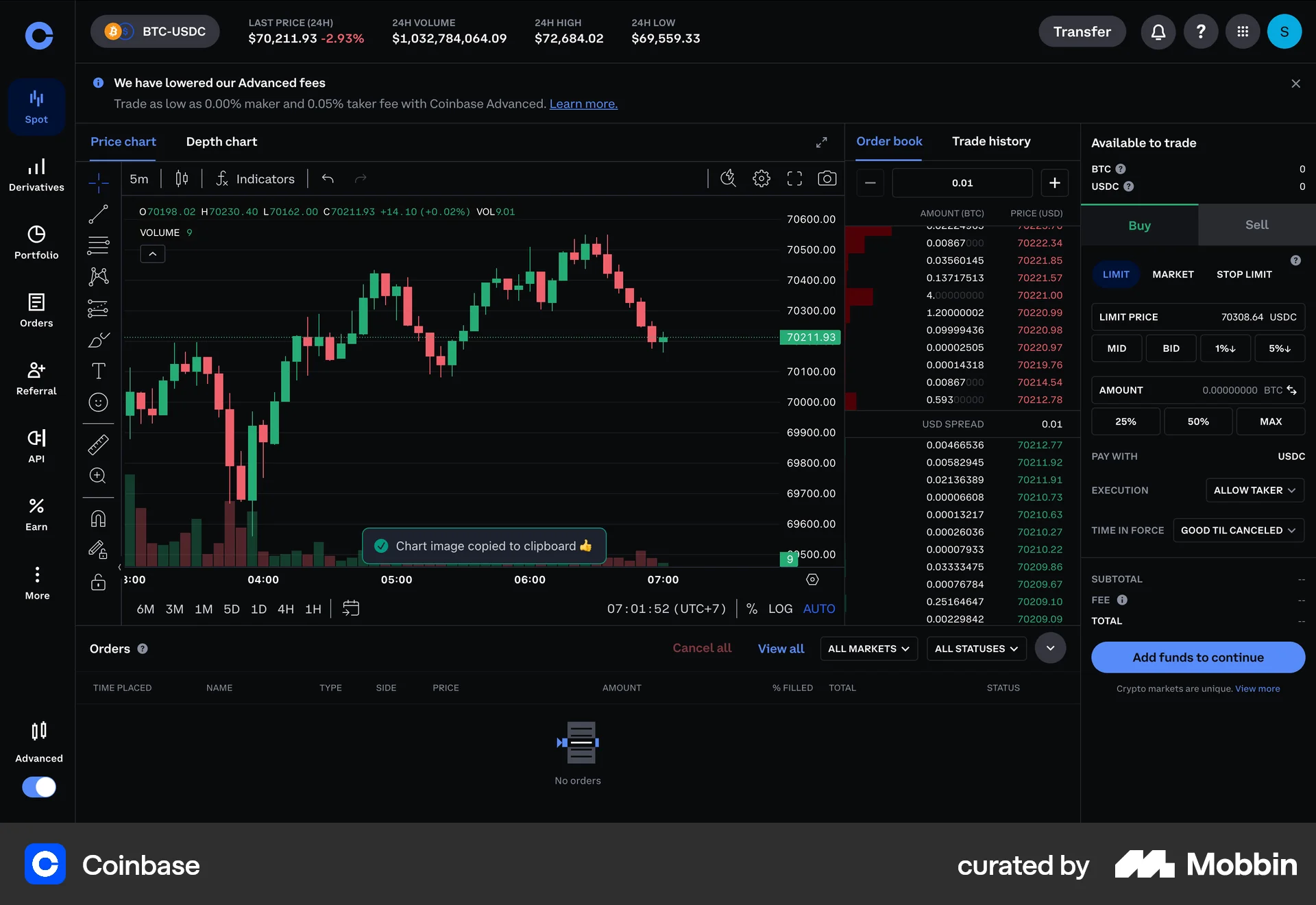 Coinbase Web screen containing Toast UI element