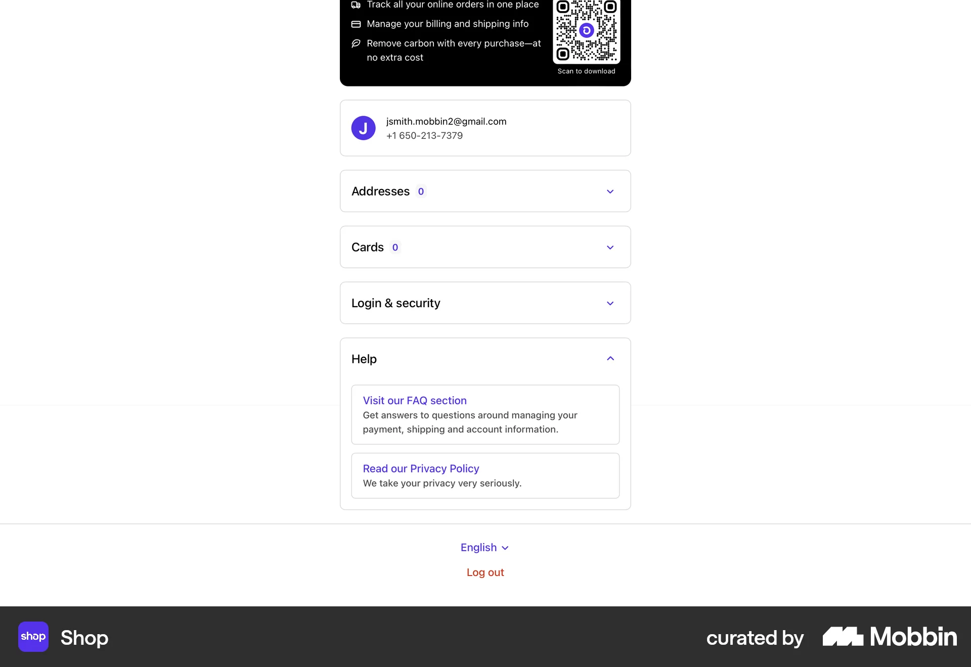 Shop Web Help & Support screen
