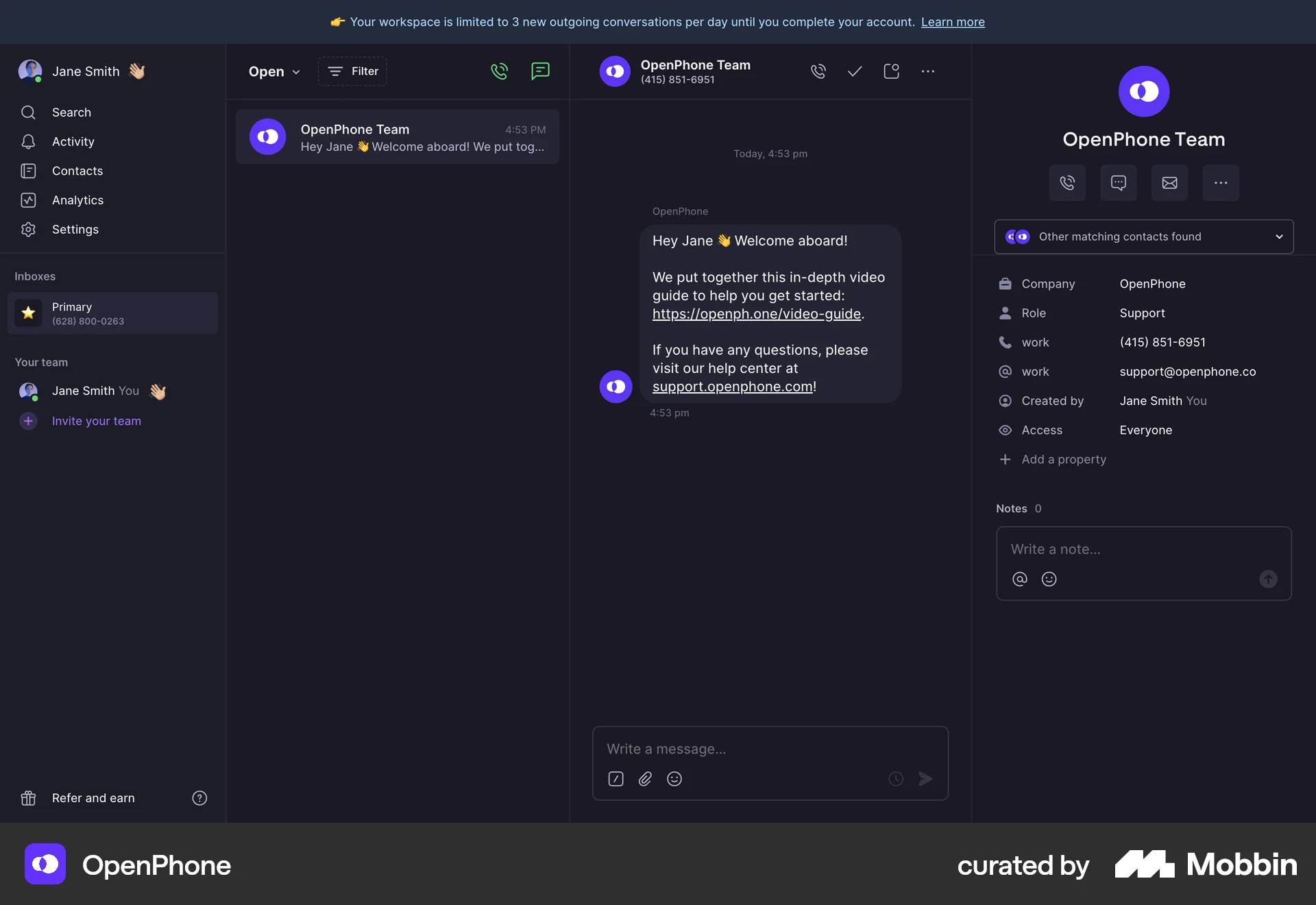 OpenPhone Web Dark Mode screen