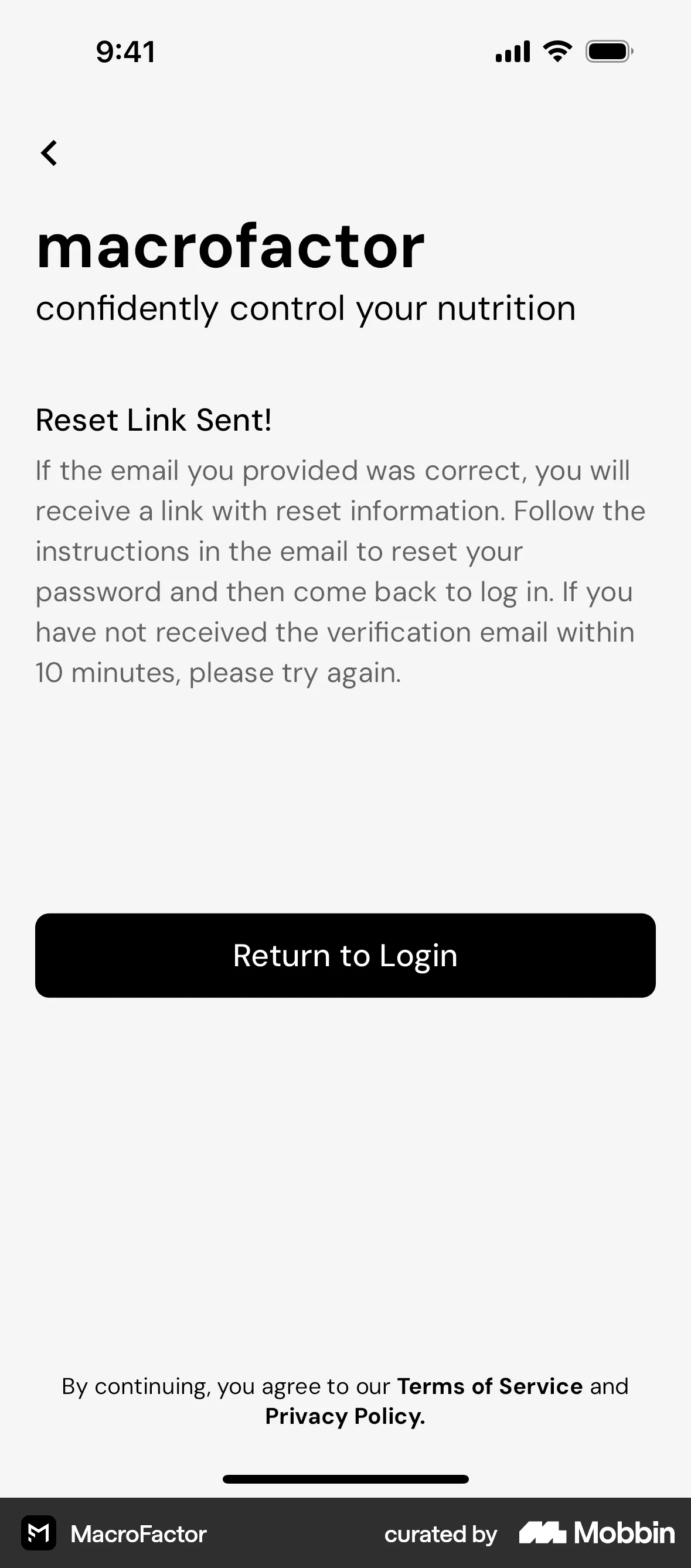 MacroFactor iOS Forgot Password screen