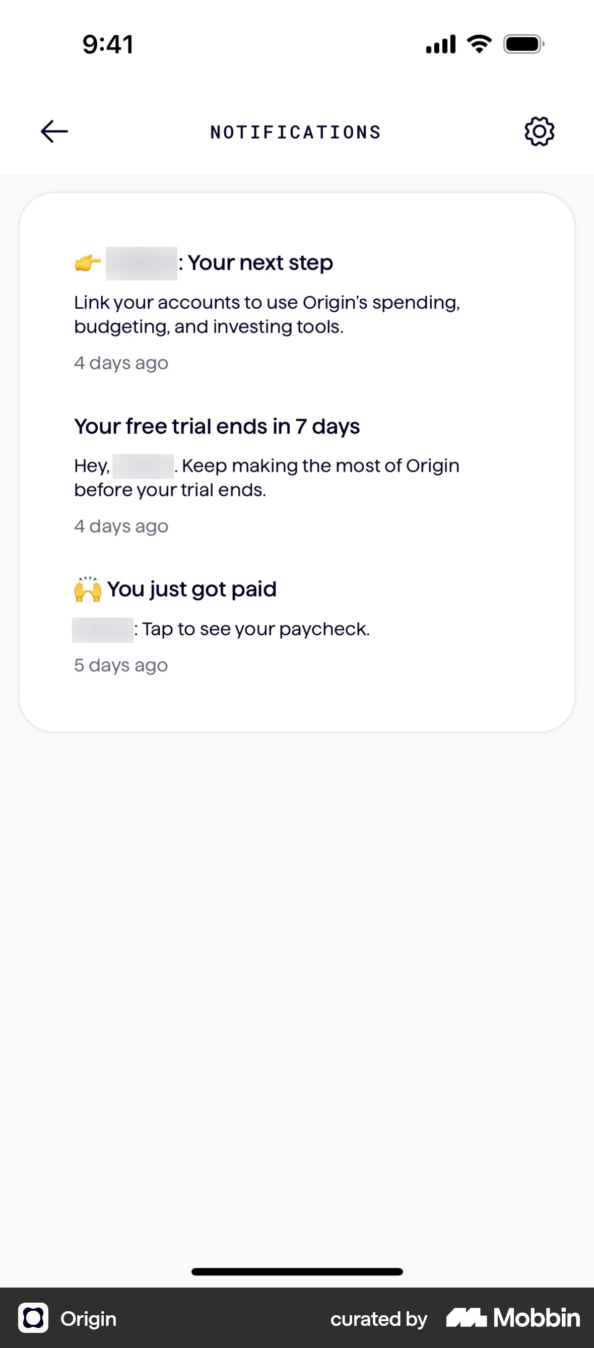 Origin iOS Notifications screen