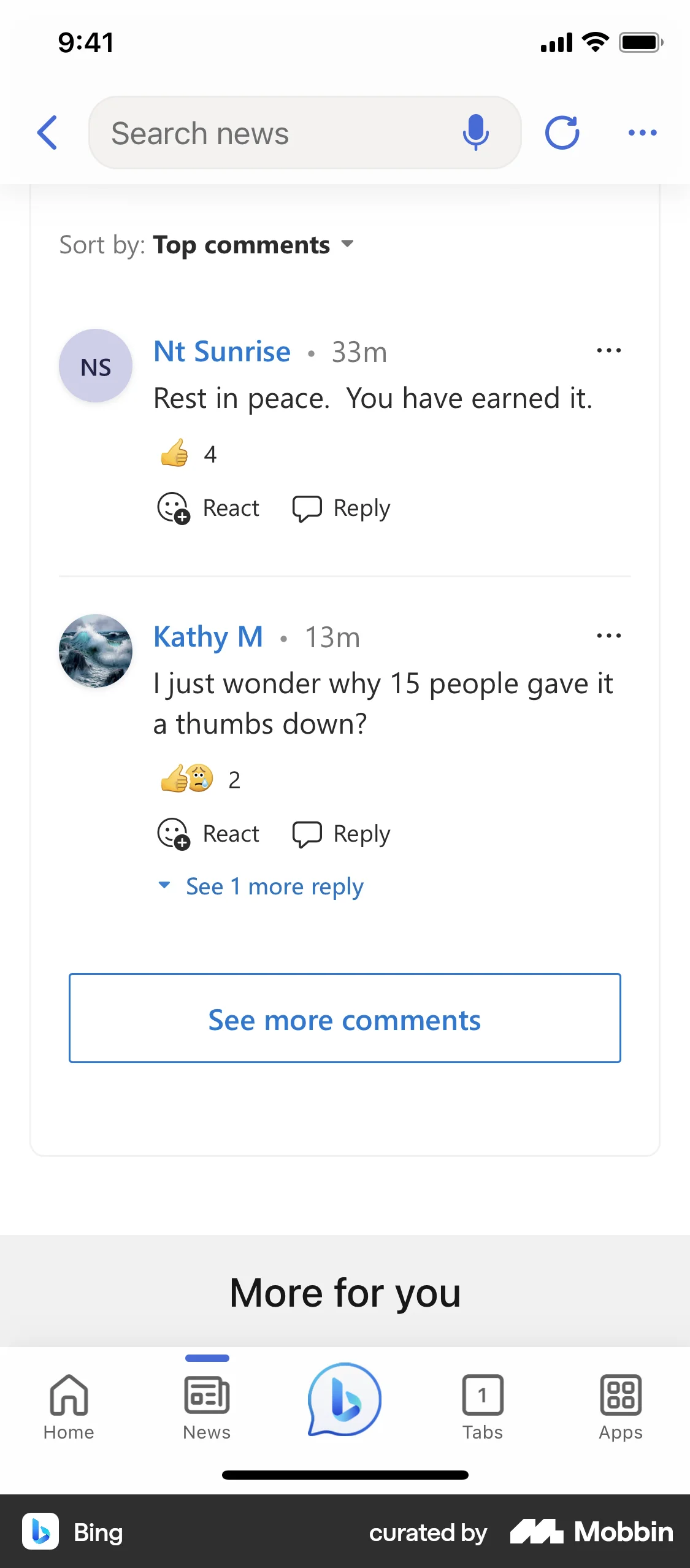 Bing iOS Comments screen