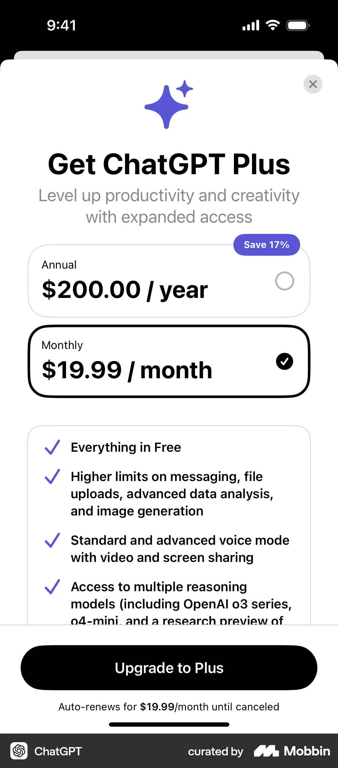 ChatGPT iOS Subscription & Paywall screen