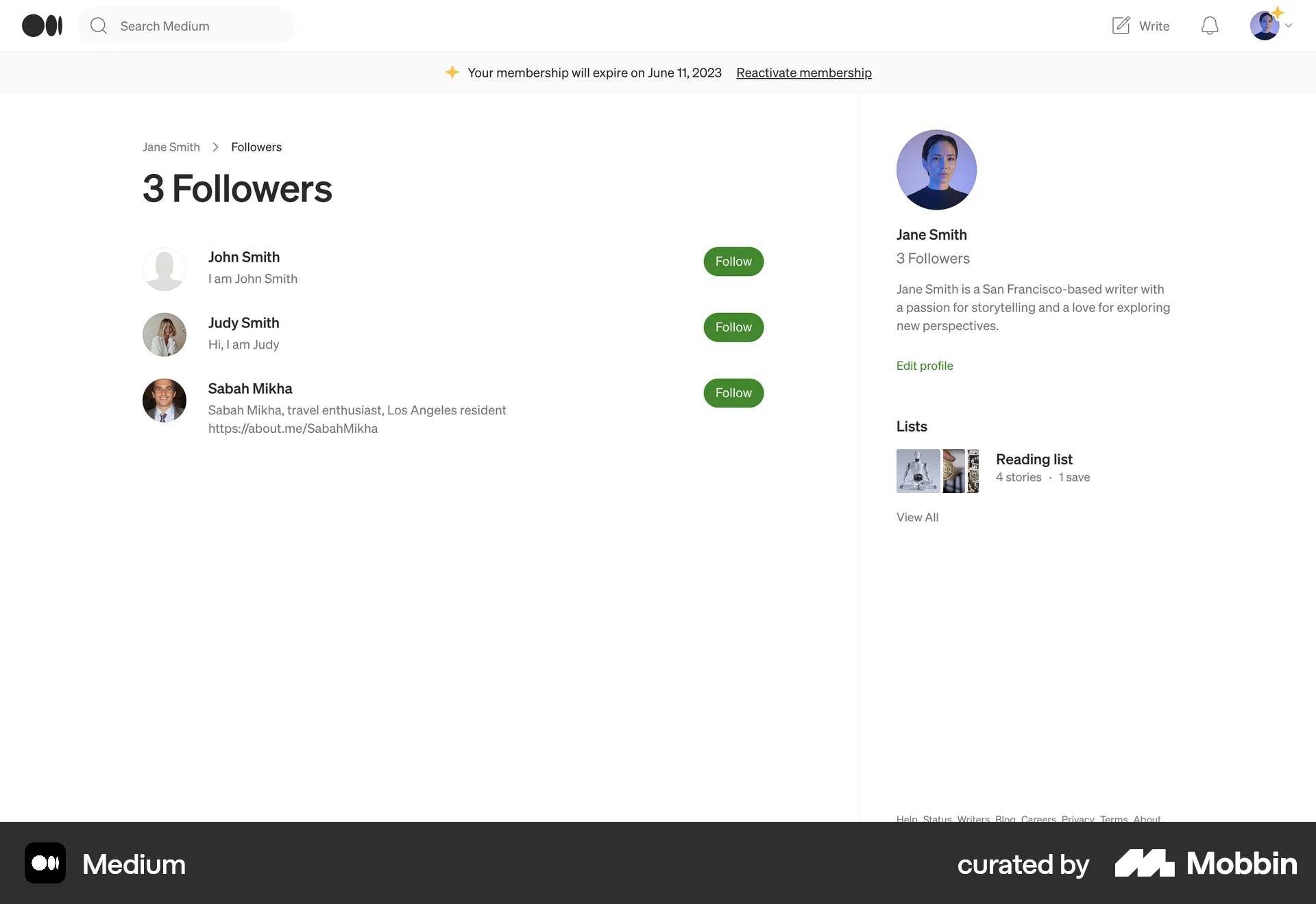 Medium Web Followers & Following screen