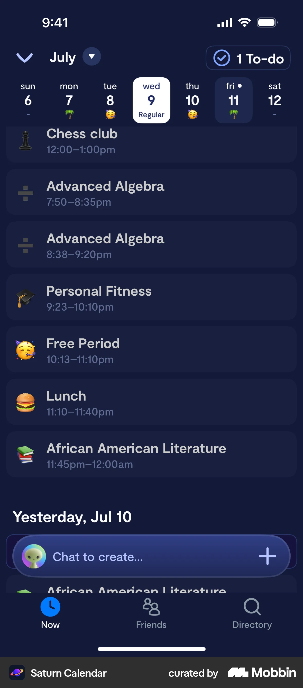 Saturn Calendar screen