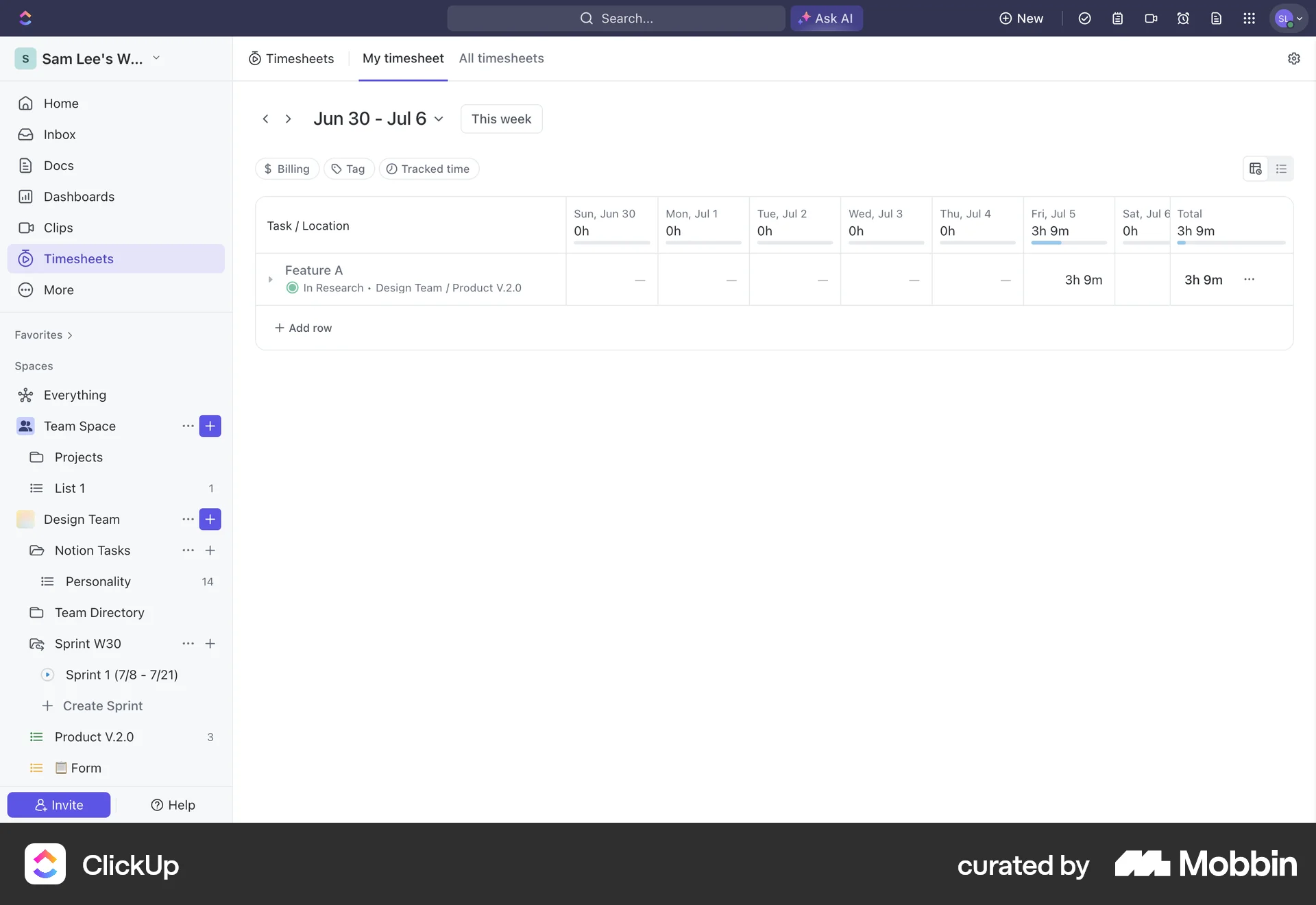 ClickUp Web Time Tracker screen
