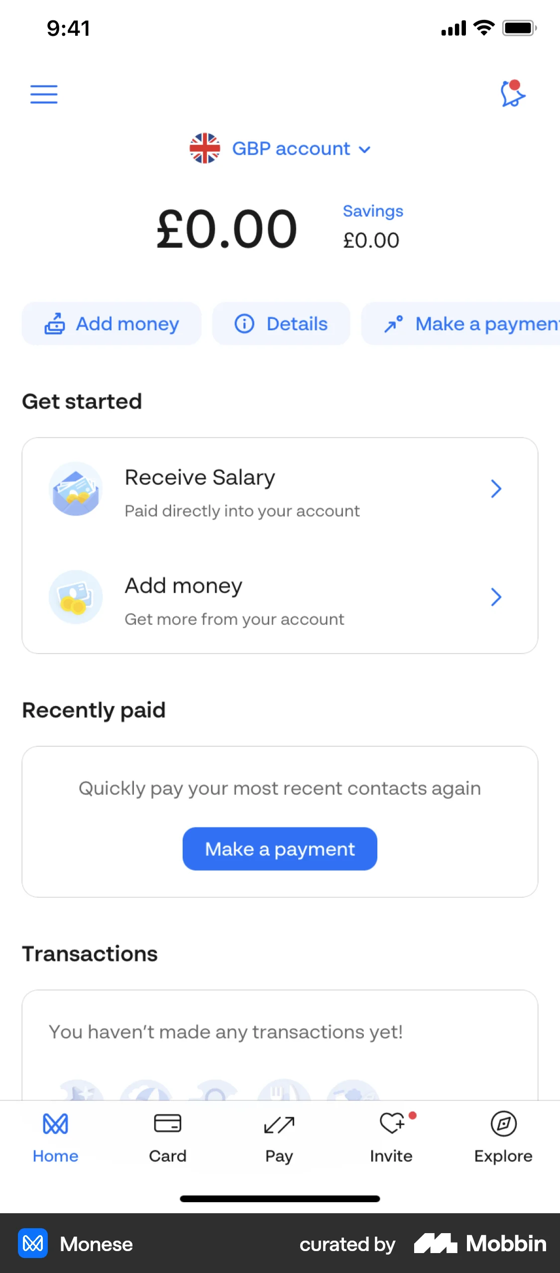 Monese iOS Bank App Design screen