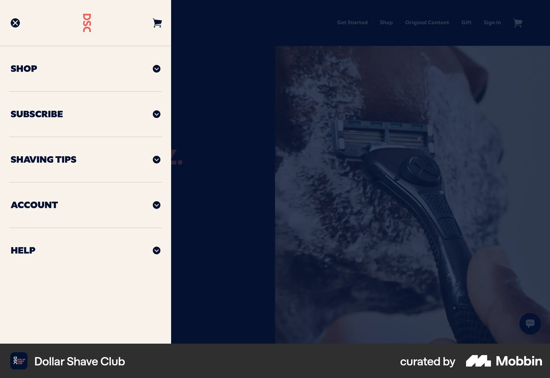 Dollar Shave Club Web screen containing Navigation Menu UI element
